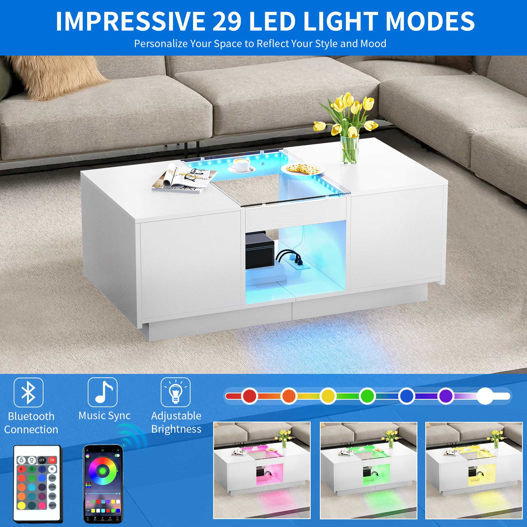 Dextrus Modern LED Coffee Table, White Coffee Table with Storage, Large Living Room Center Tables, 2 Tiers and 2 Drawers - Image 4