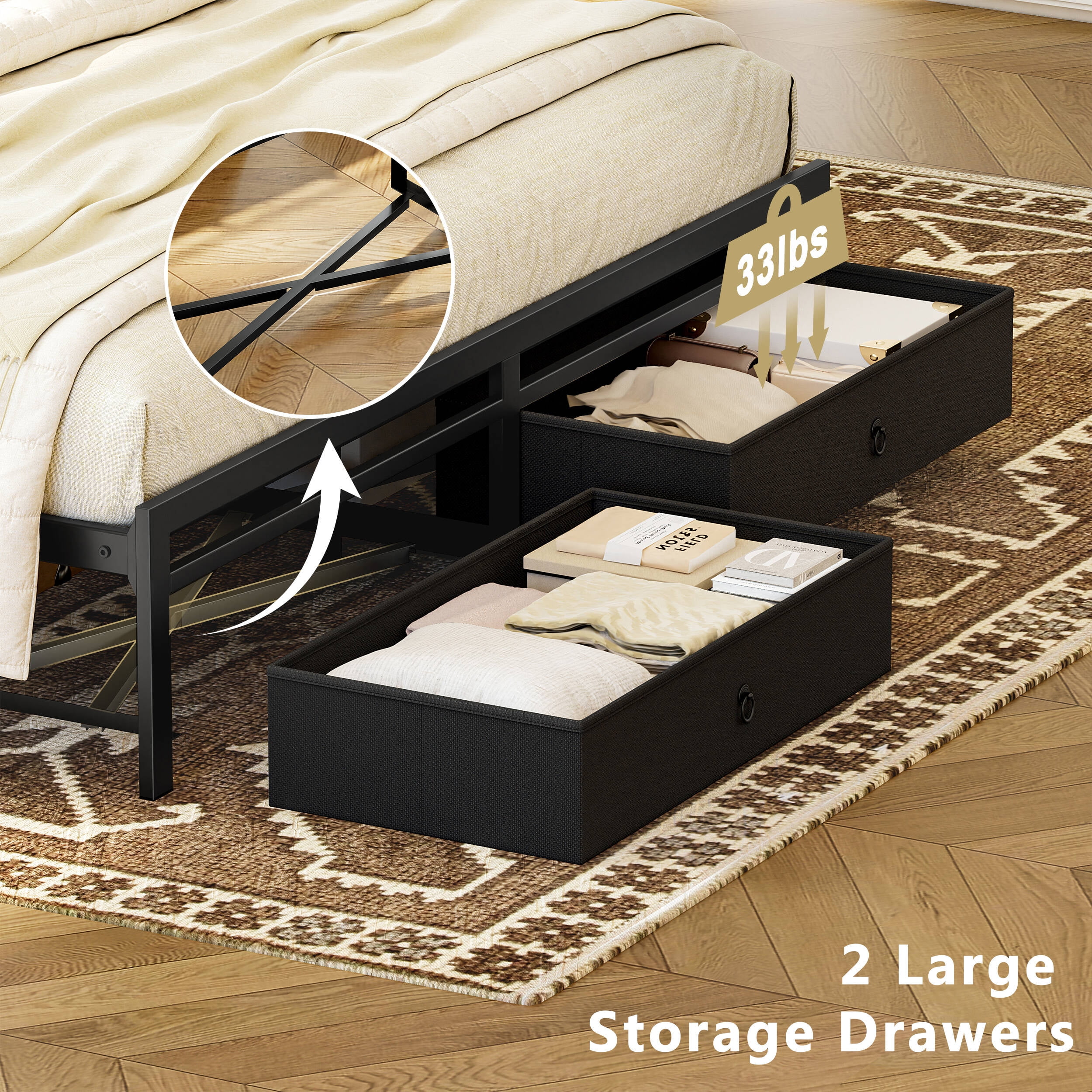 GUNAITO Queen Bed Frame with Storage Headboard Platform Bed with 2 Drawers Metal Bed with Charging Station, Dark Brown - Image 4