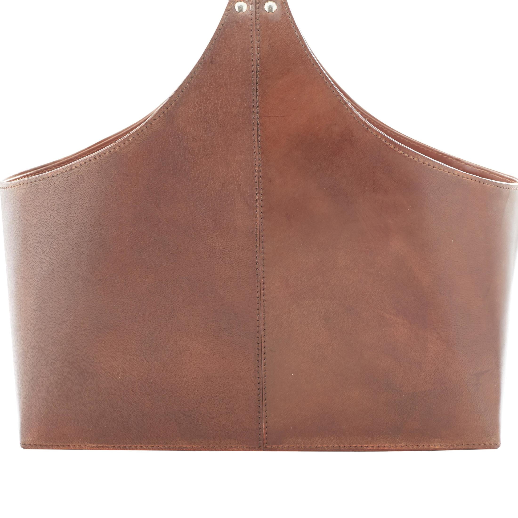 DecMode 15" Brown Leather Handmade Box Style Magazine Holder with Detail Stitching and Curved Buckle Handle - Image 7