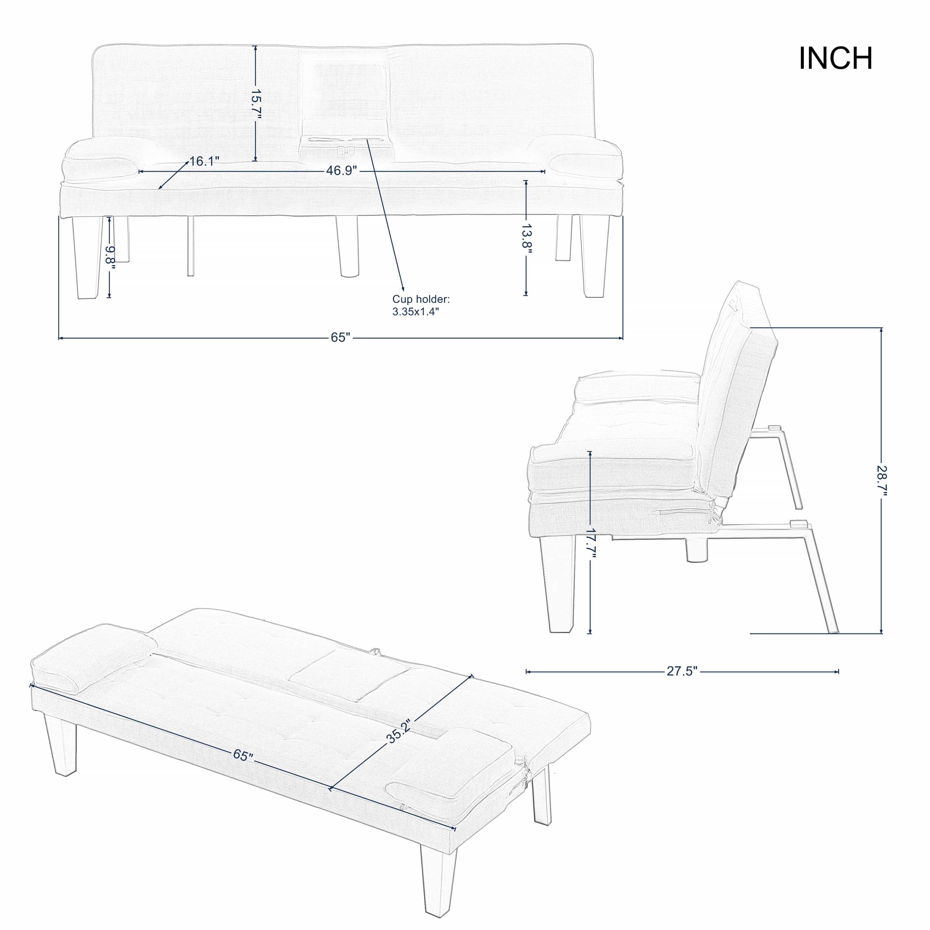 BSHTI Twin Size Futon Sleeper Sofa Bed,Velvet Upholstery,3 Angles for Adjusting Backrest,with 2 Cup Holders,Removable Arm,Convertible Sleeper Sofa(Black) - Image 14