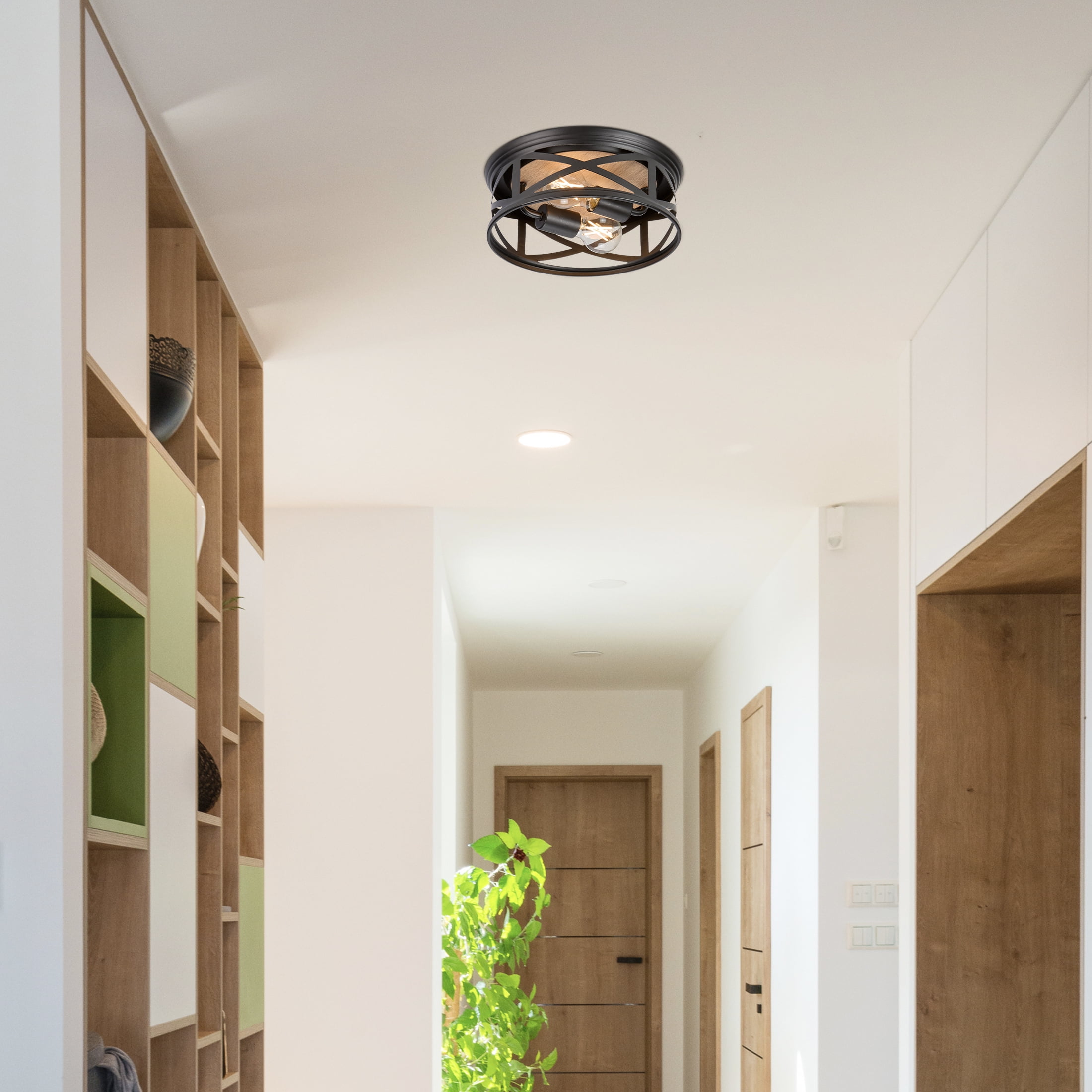 Maxxima 11 in. 2-Light Indoor / Outdoor Flush Mount Ceiling Light, Round Black w/ Wood Grain Farmhouse Fixture, Bulbs Not Included - Image 7