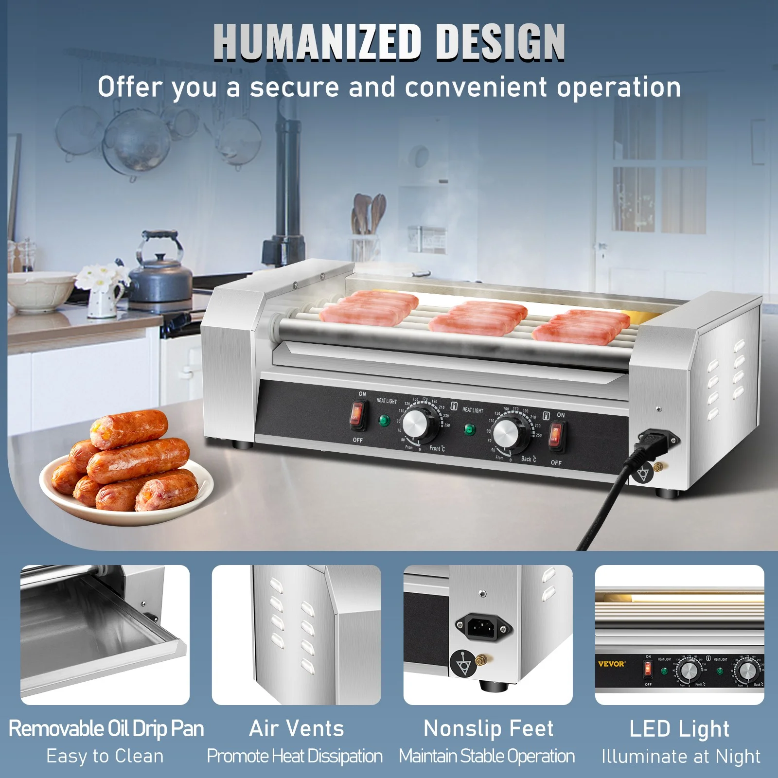 BENTISM Commercial 12 Hot Dog 5 Roller Grill Cooker Machine Stainless Steel 750W - Image 3