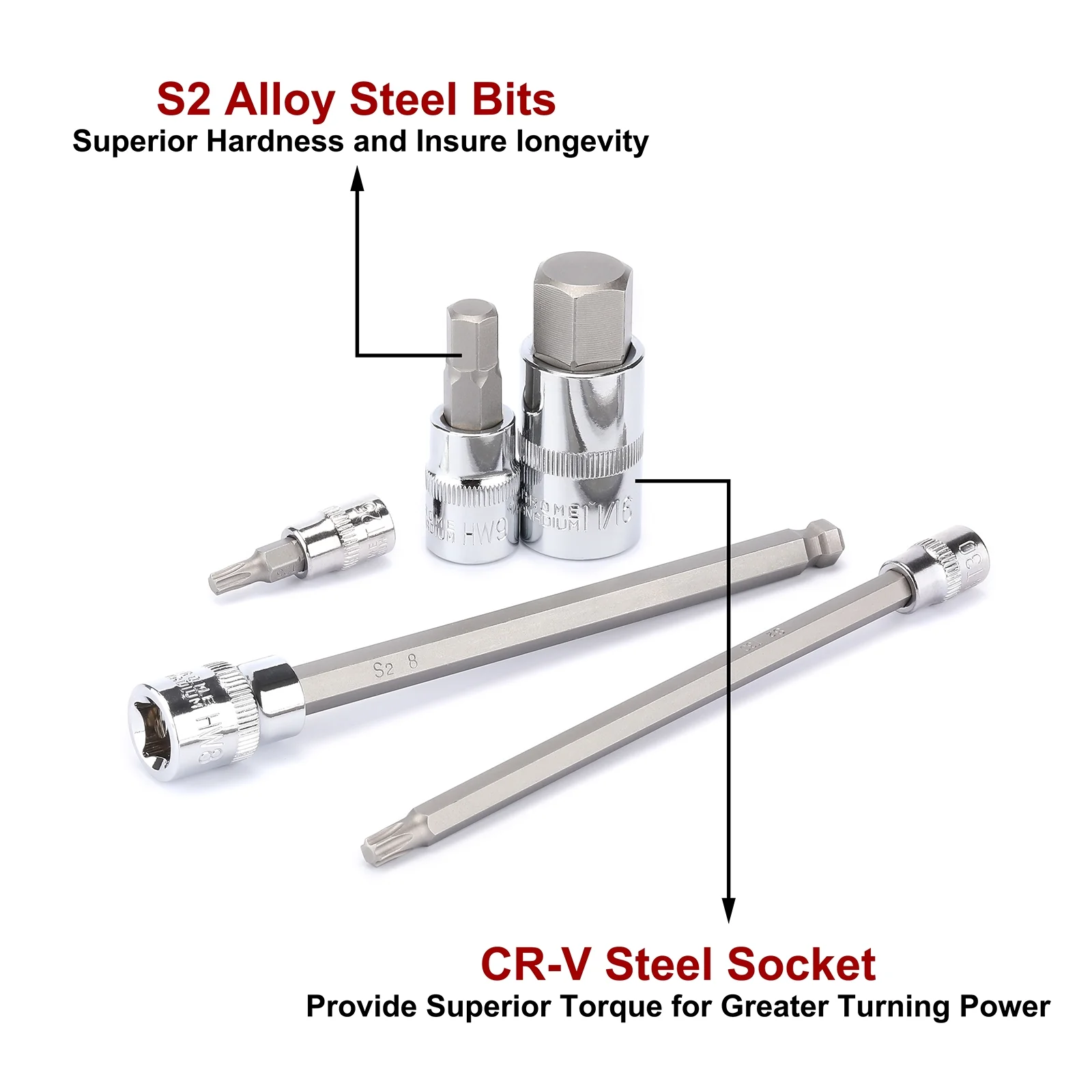 CASOMAN 107-Piece Bit Socket Set, 1/4", 3/8" and 1/2" Drive, Torx/Extra Long Torx/Tamper Proof Torx/Hex/Ball End Hex, SAE/Metric, S2 Steel Bits - Image 3