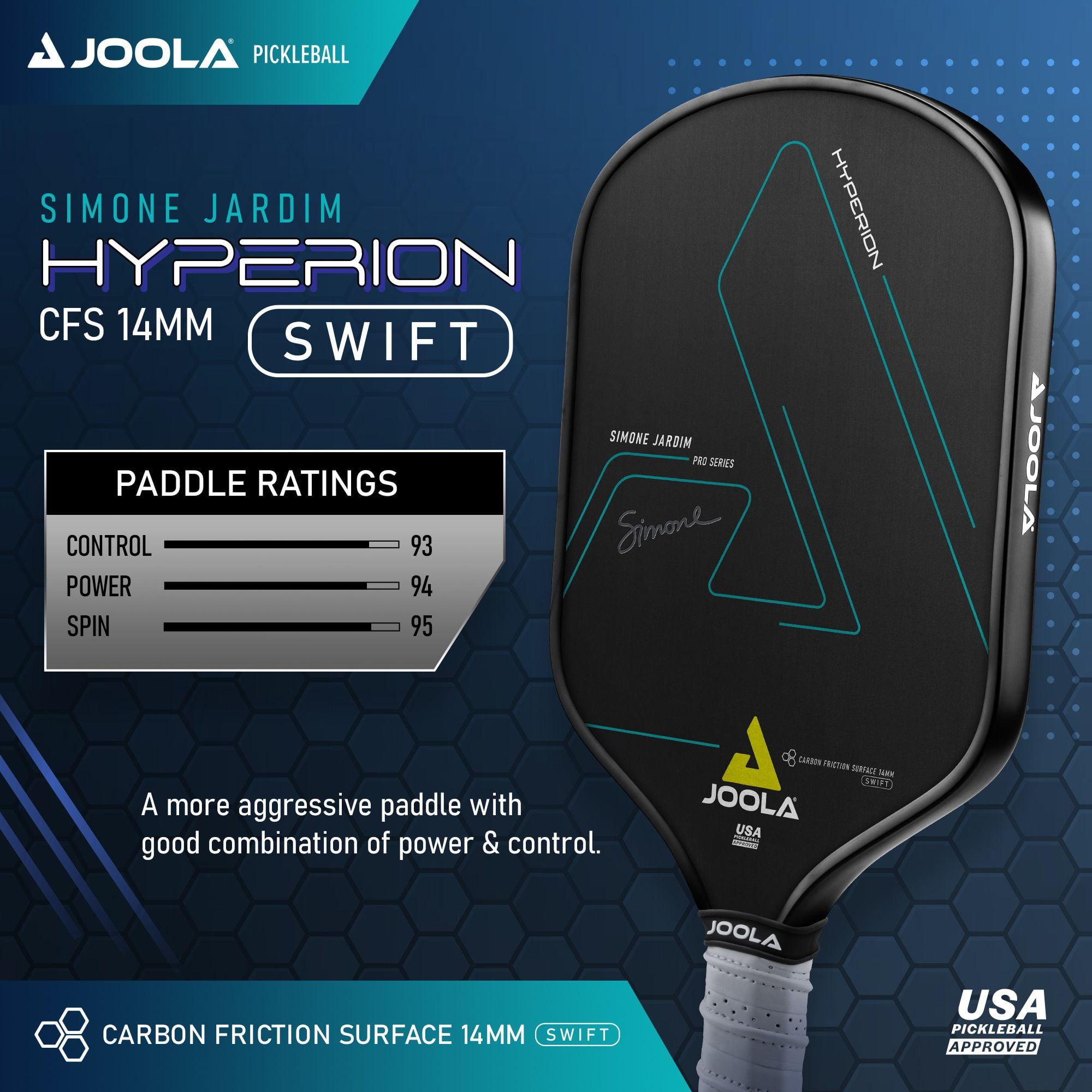 JOOLA Simone Jardim Hyperion CFS 14mm Swift Pickleball Paddle, Black - Image 8