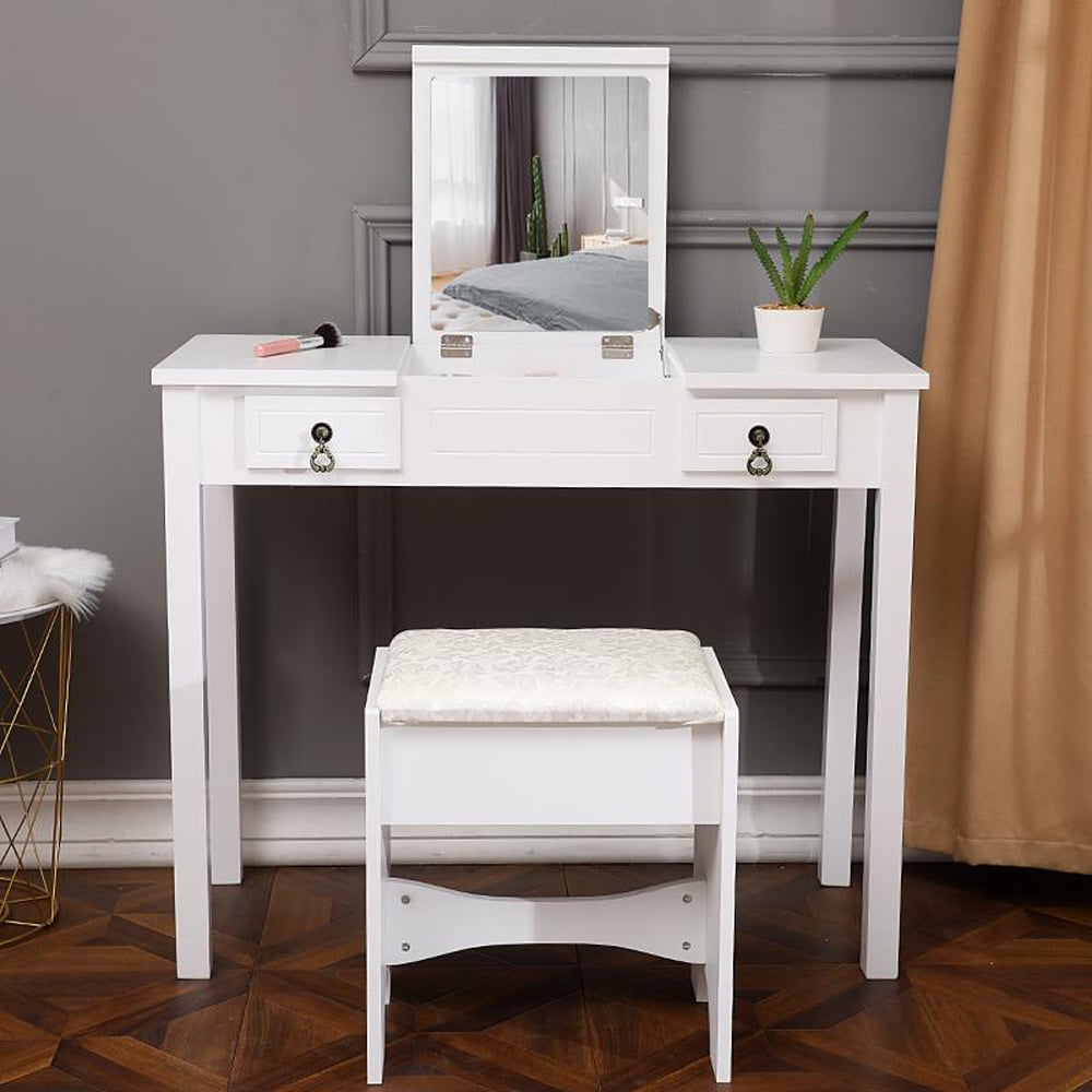 Ktaxon Vanity Set,Flip-top Mirror Dressing Table Makeup Vanity Table Writing Desk with 2 Drawers and Stool, White - Image 2