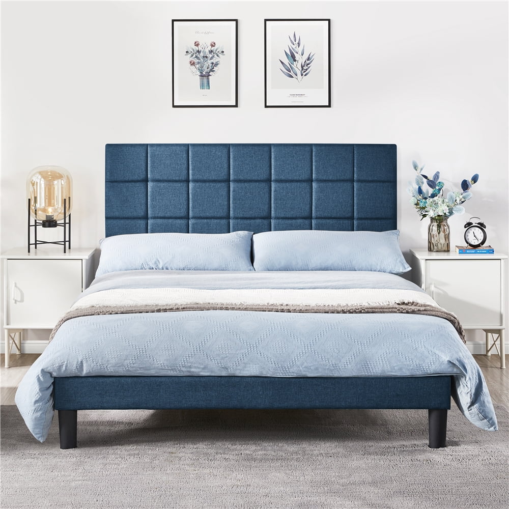 Yaheetech Modern Upholstered Platform Bed with Adjustable Tufted Headboard , Queen Size, Navy Blue - Image 8