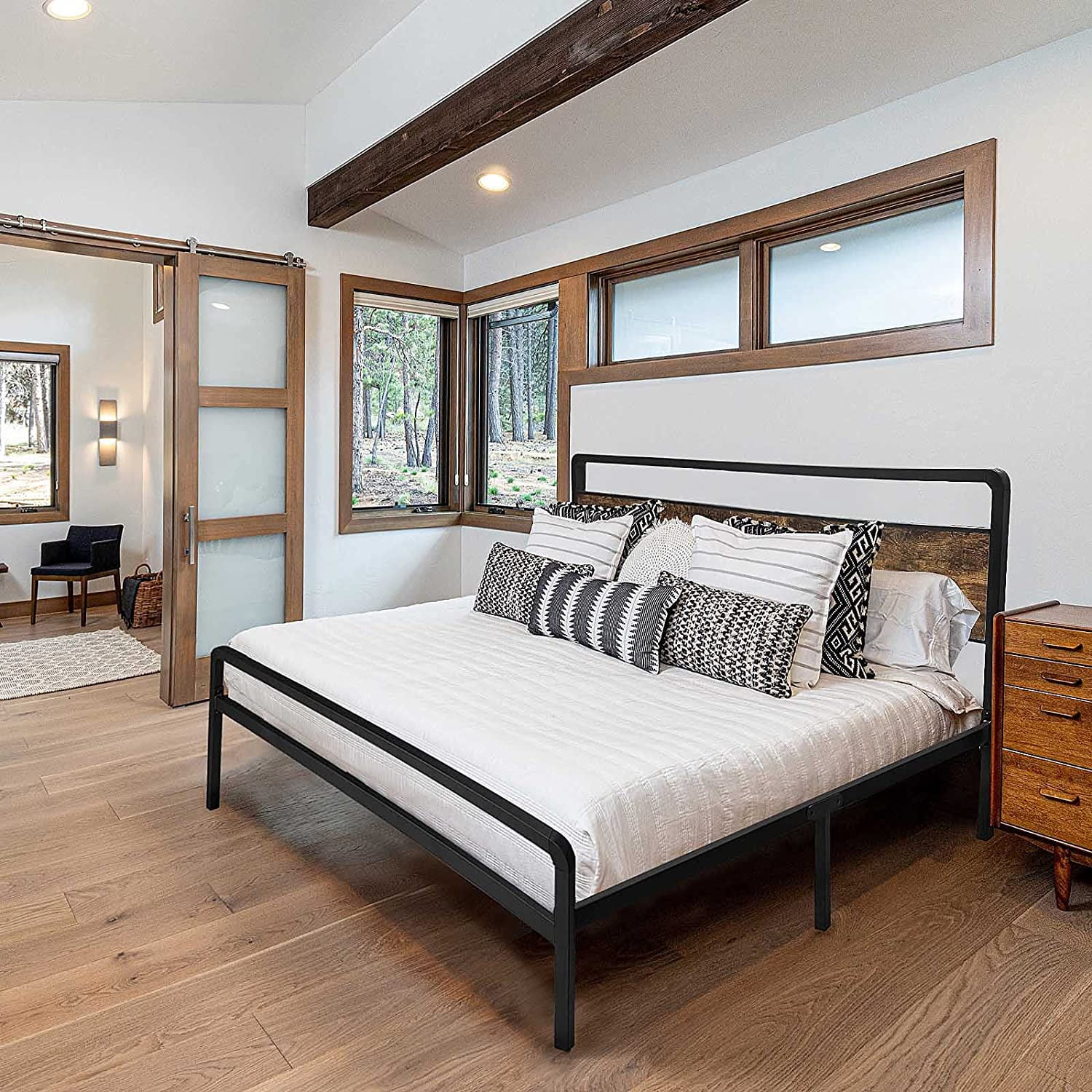 JOM King Bed Frame with Headboard and Storage No Box Spring Needed Metal & Wood Platform Heavy Duty Bedframe Size Black - Image 5