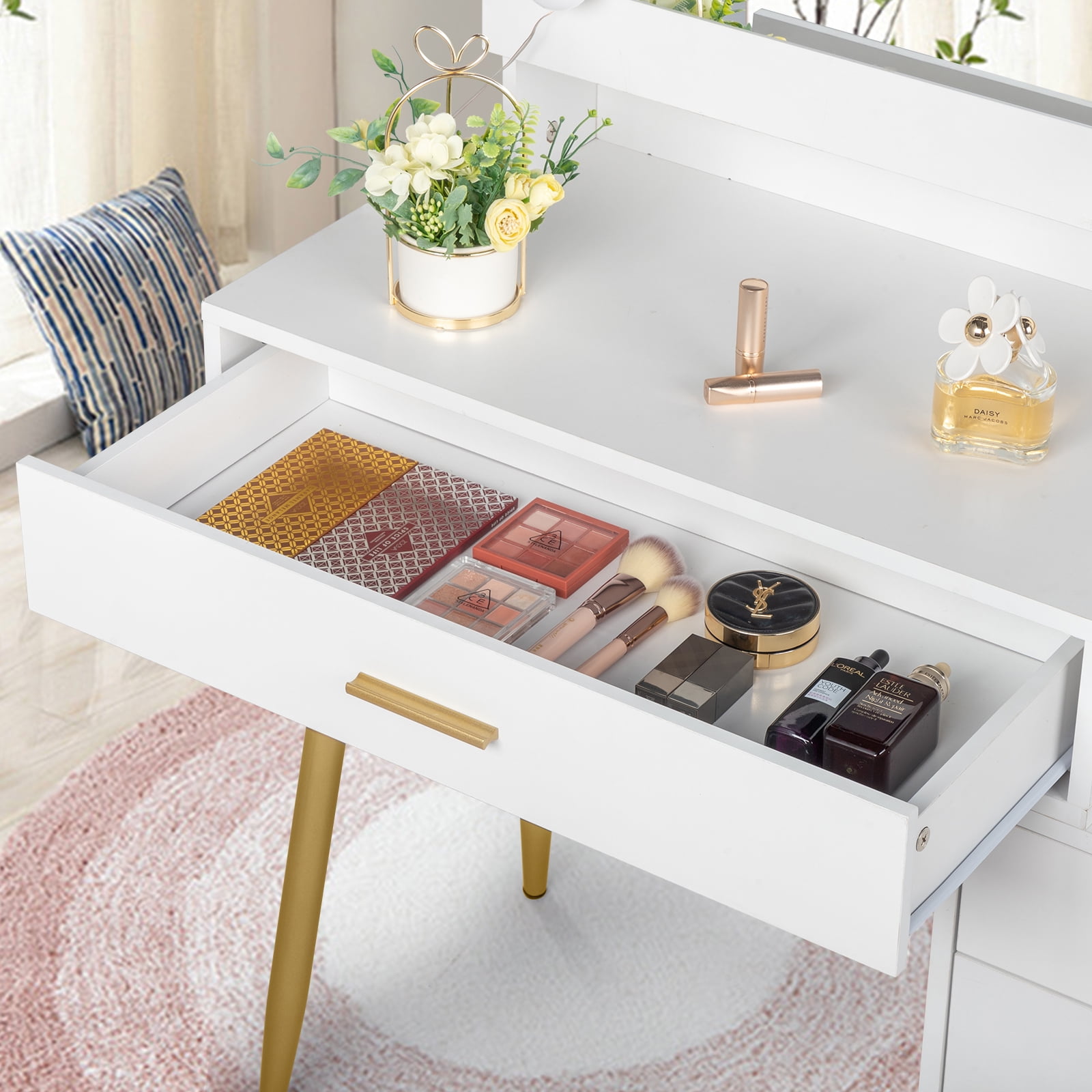 Ktaxon Vanity Table Set with Sliding Mirror, Makeup Table with Storage Cabinet, Dressing Vanity Tables, Dresser Desk for Girls, Women, White - Image 3