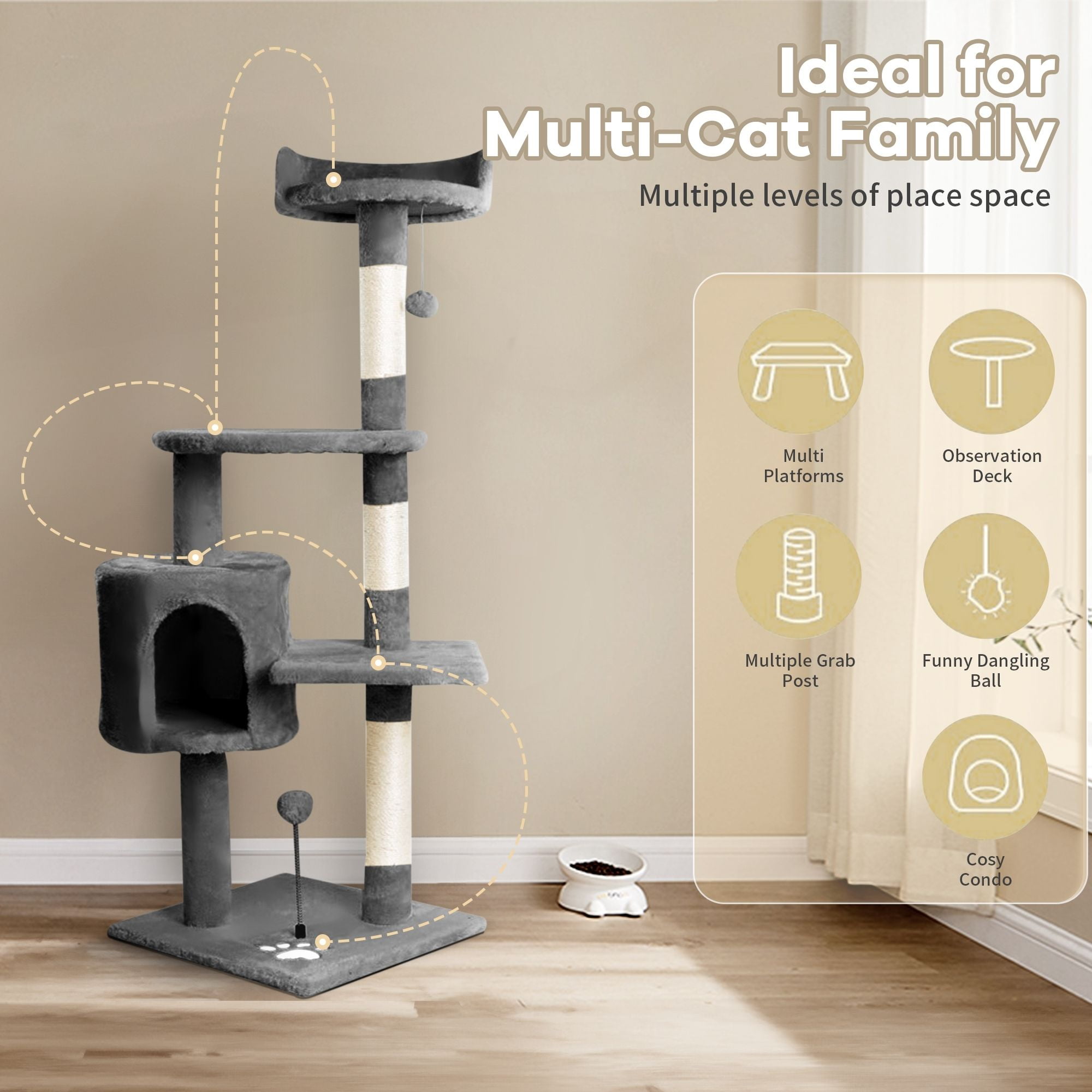 Cat Tree Airnesolly 45 4-Tier Cat Tower Condo for Indoor Kittens with Scratching Posts Perches Gray - Image 6