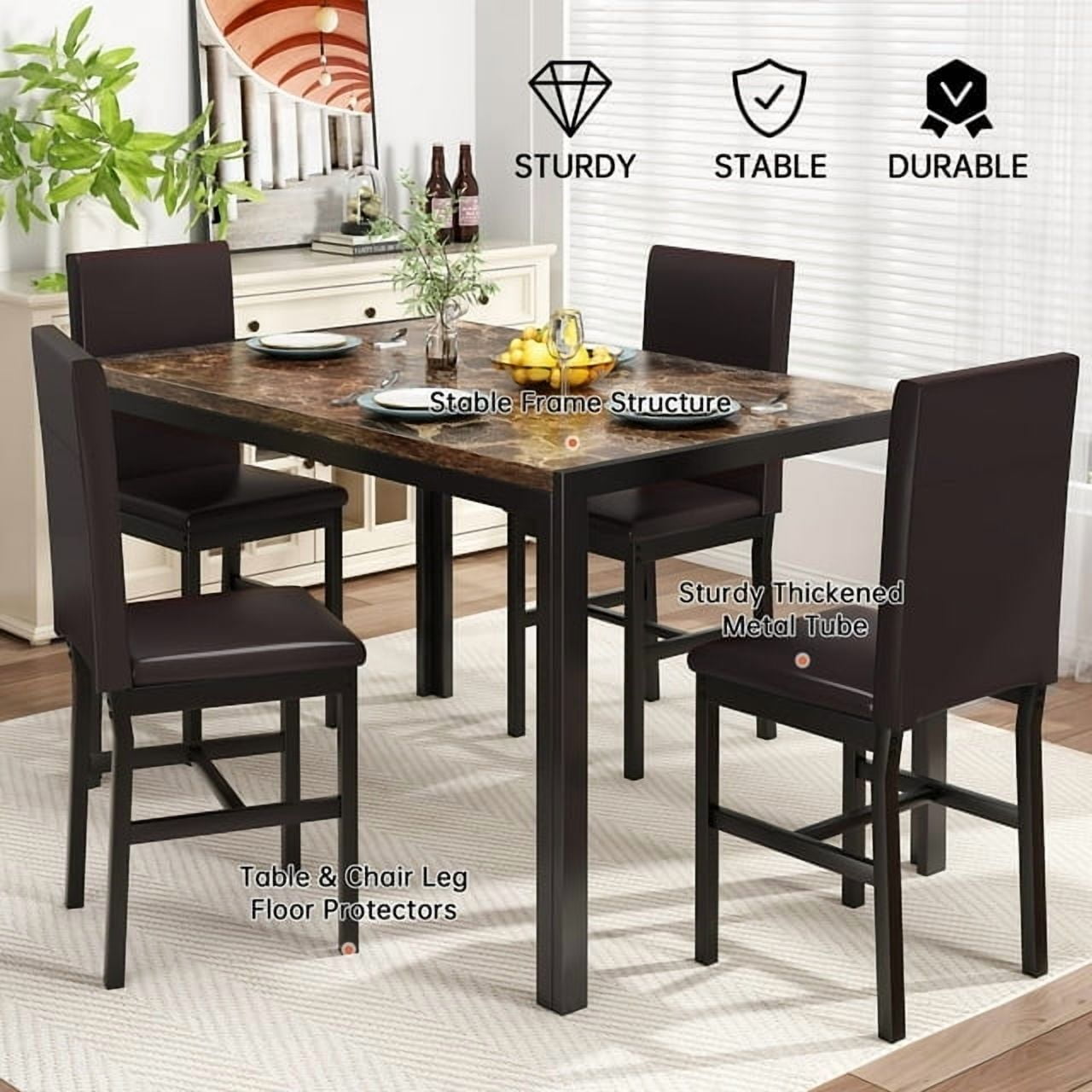 AWQM Dining table set for 4 with modern faux marble table top and 4 PU leather upholstered chairs, compact space saving dining table for apartment, kitchen, dining room, breakfast corner, brown - Image 7