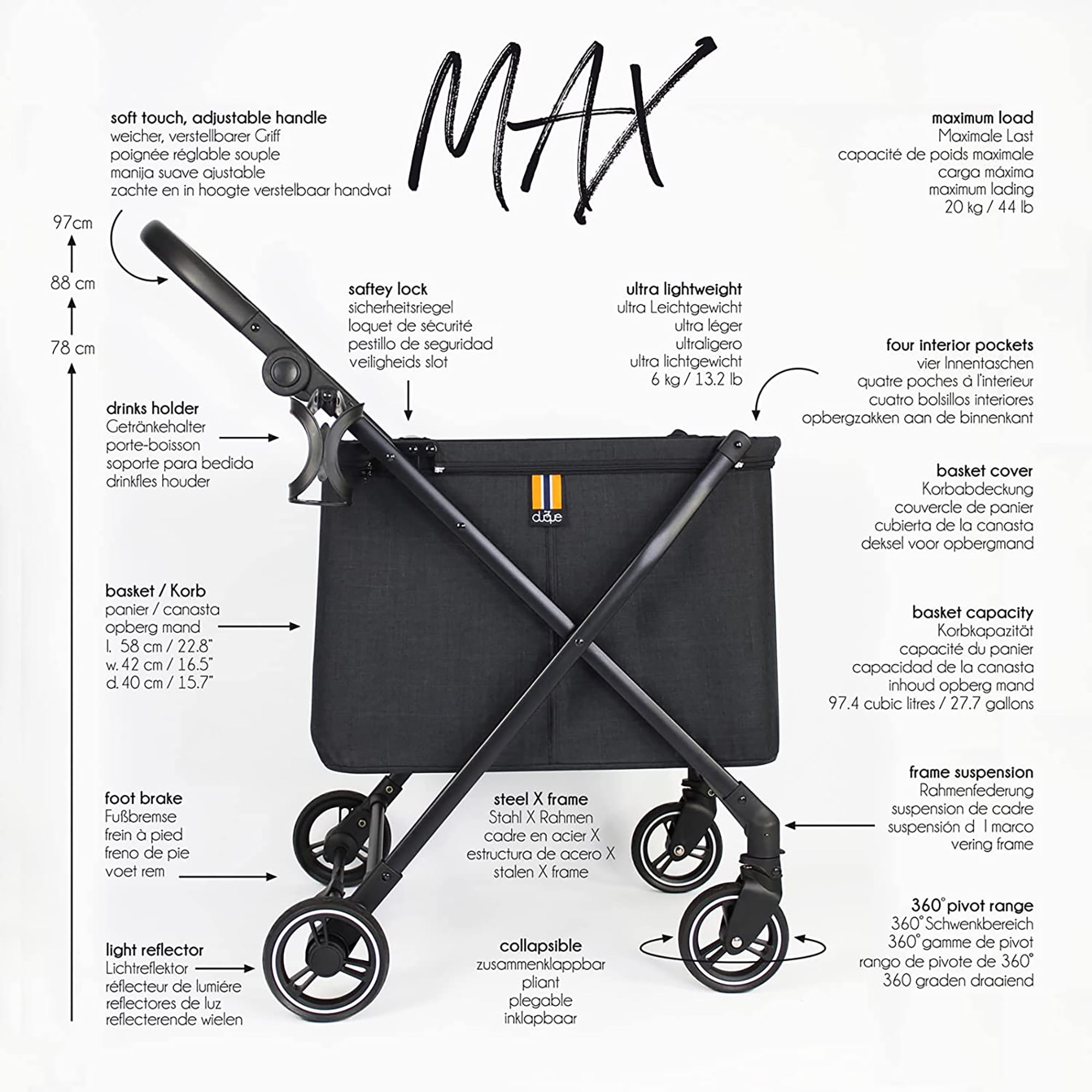 My Duque: Personal Shopping Cart - Foldable, Portable, Lightweight Cart with Rolling Front Swivel Wheels and Height Adjustable Slider, Foot Brake, Drink Holder - Image 13