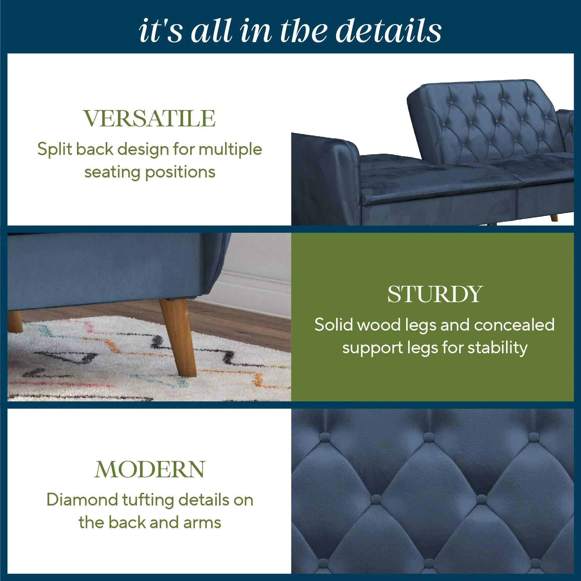 Novogratz Tallulah 83" Memory Foam Futon Sofa Bed, Blue Velvet - Image 11