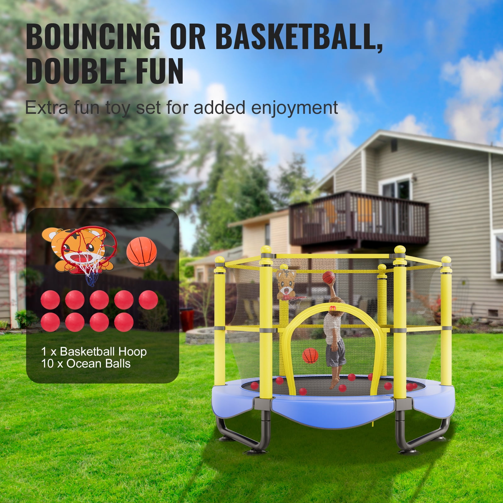 BENTISM Trampoline for Kid's with Enclosure Net and Balls, Blue, 46.46" x 60.00" x 60.00" - Image 7