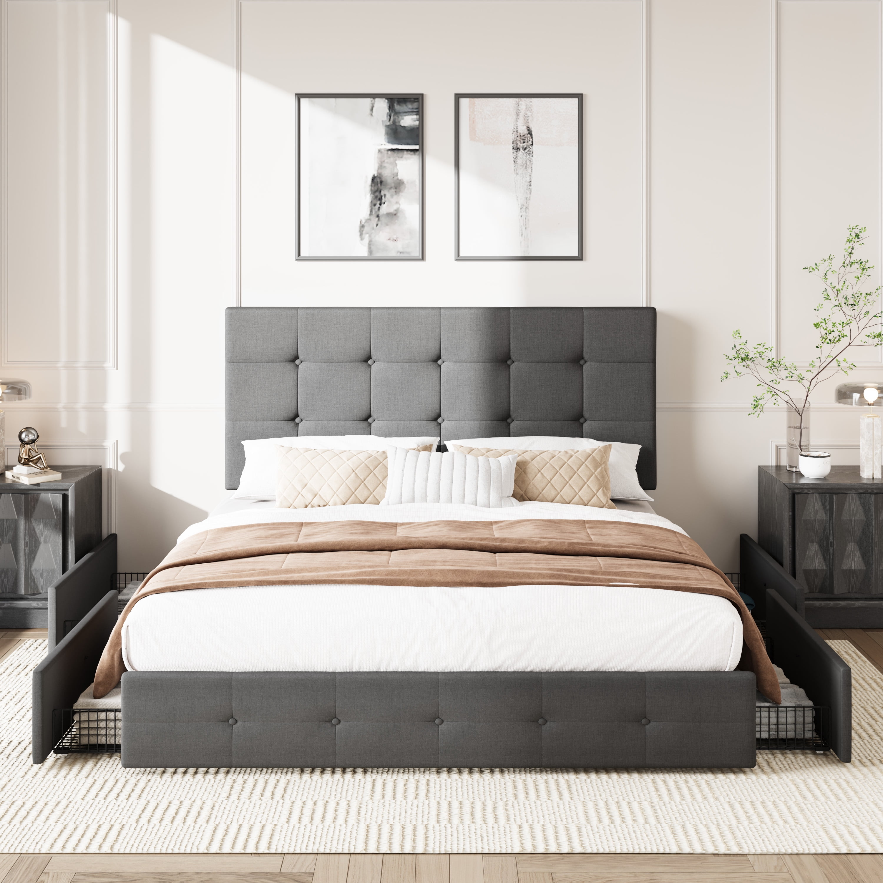 Amolife Queen Size Platform Bed Frame with Square-stitched Headboard and 4 Drawers, Dark Gray - Image 6
