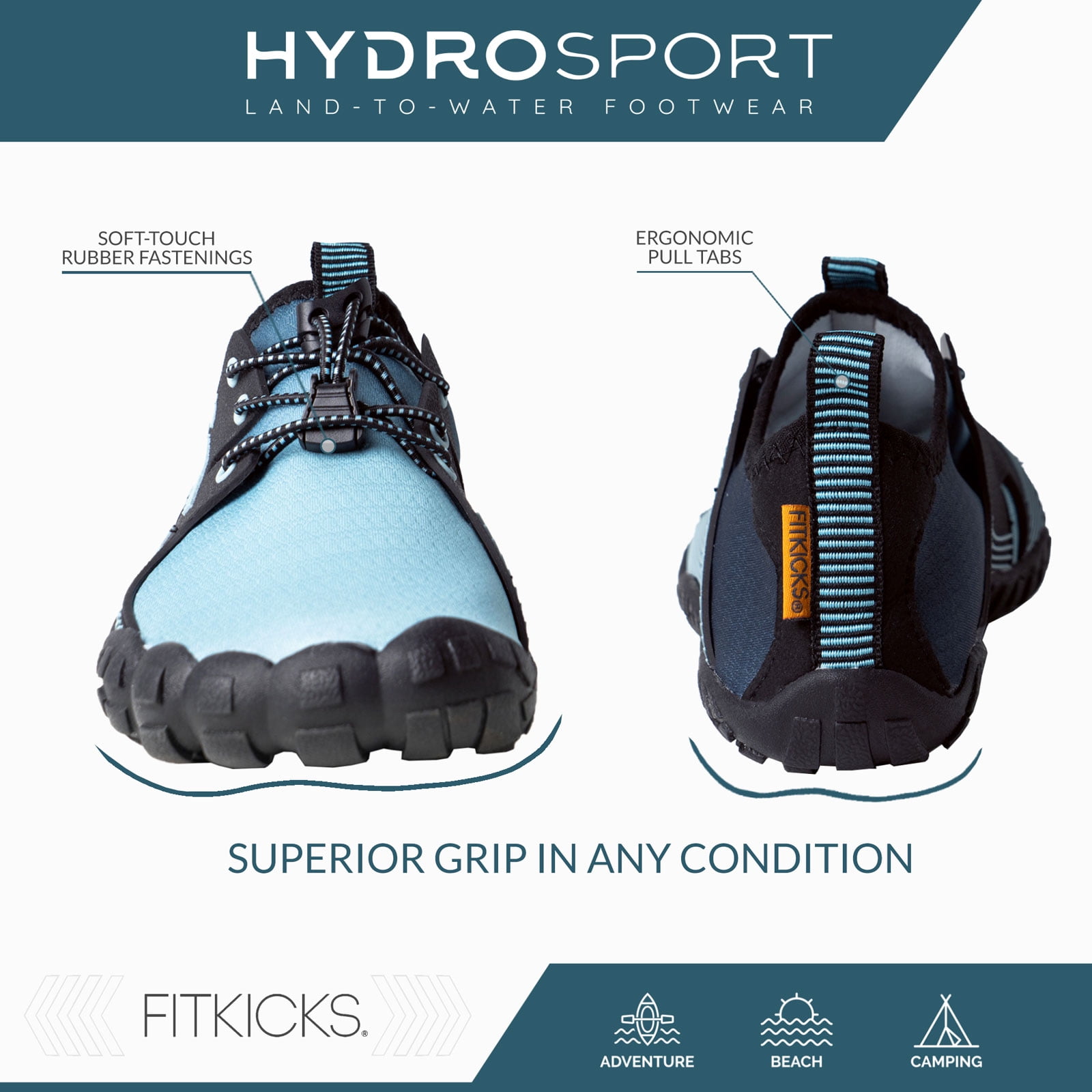 FITKICKS HydroSport Land-to-Water Footwear Barefoot Shoes, Teal (Unisex) - Image 3