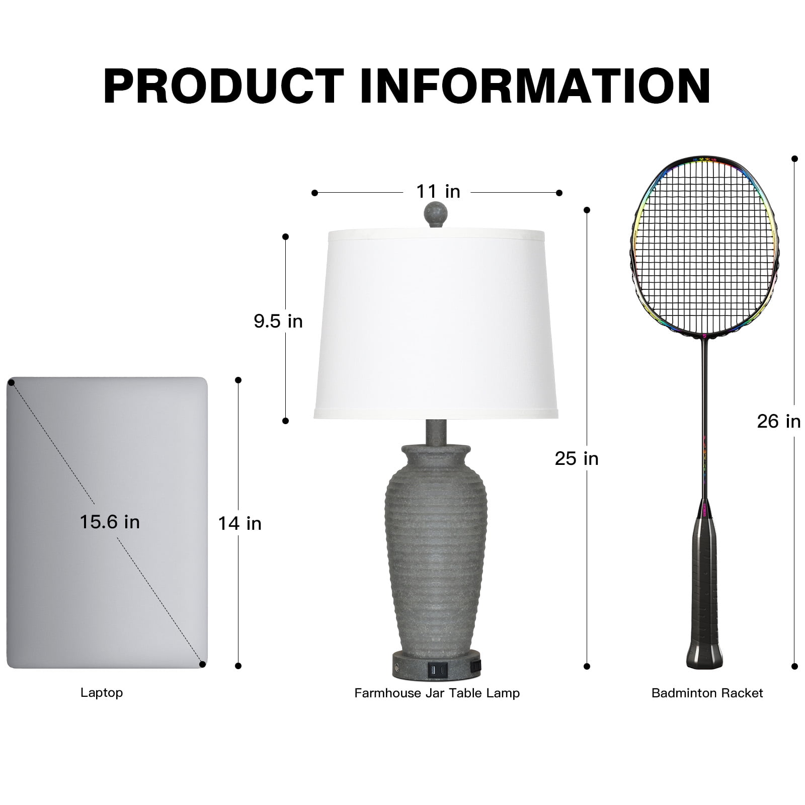 Cinkeda 24" Retro Resin Table Lamp Set of 2 with USB Type-C Ports AC Outlet 3 Way Dimmable Touch Control Grey Jar Bedside Nightstand Lamps for Living Room Bedroom - Image 5