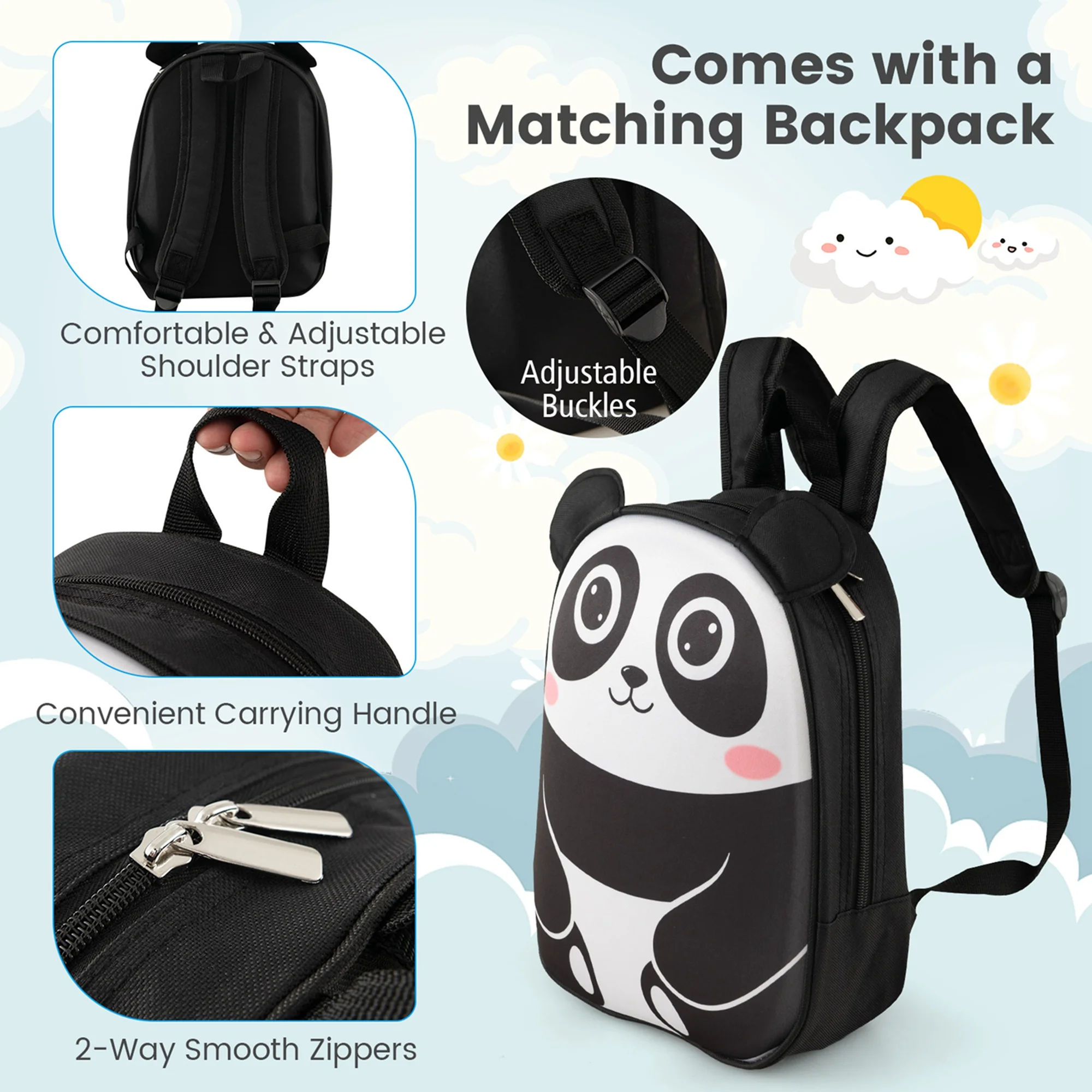 Costway 2PCS Kids Carry On Luggage Set 16'' Panda Rolling Suitcase with 12'' Backpack Travel White - Image 4