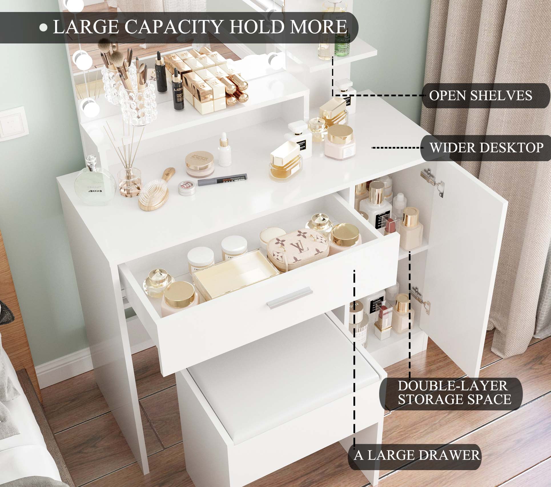 SUGIFT Makeup Vanity with Mirror Modern Bedroom Makeup Table Set Vanity Desk (White) - Image 6