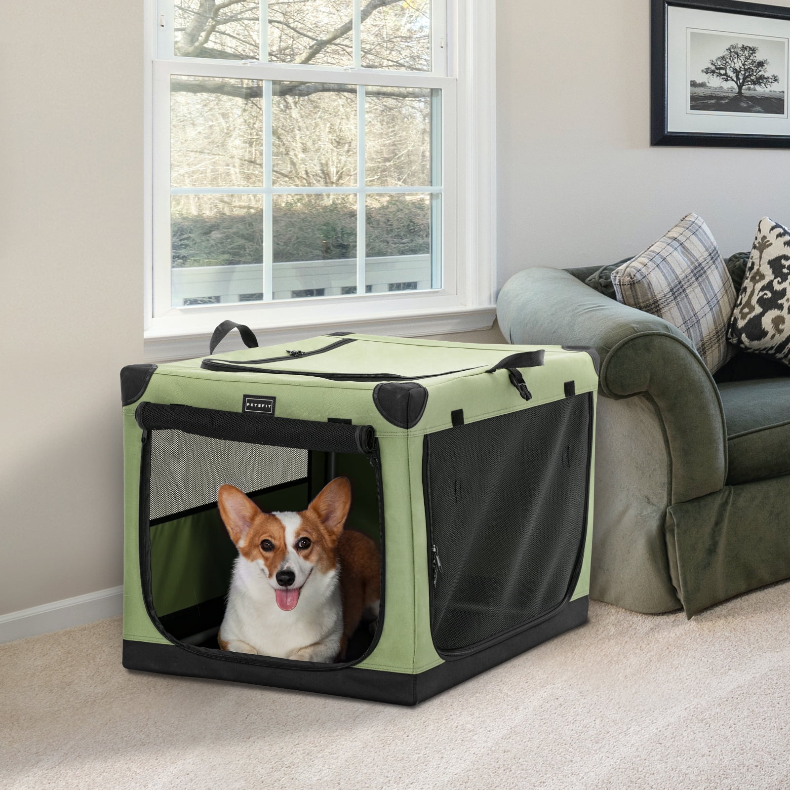 PETSFIT Soft Dog Crate- 30 Inch Lightweight, Easy Setup, Sturdy Soft Sided Dog Crate, Adjustable Framework with 3 Mesh Door, Dog Travel Crate Green - Image 6