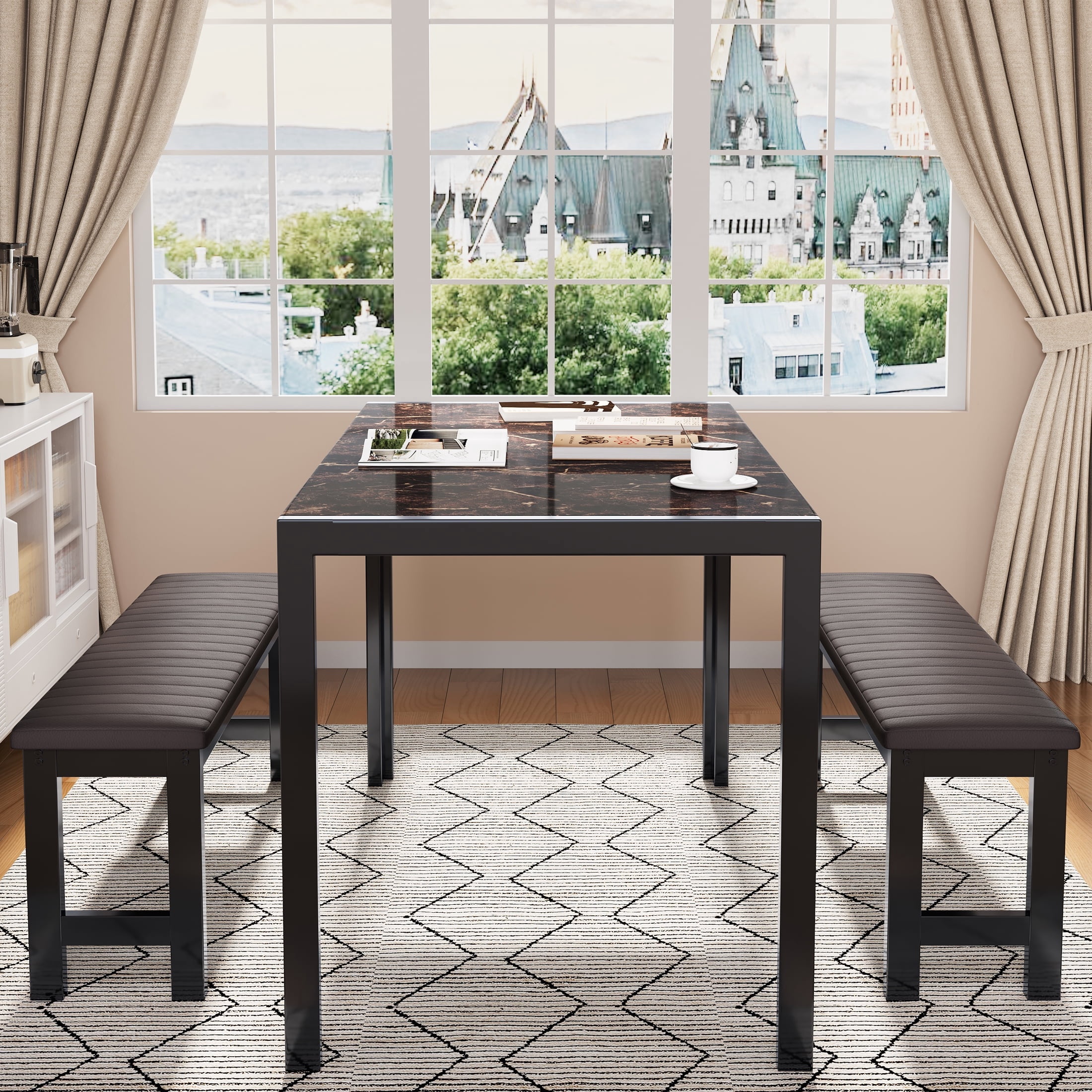 PORKISS Dining Table Set for 4, Faux Marble Kitchen Table Set with 2 PU Leather Benches, Breakfast Nook Set for Small Spaces, 3 Piece Dining Room Table Set, Brown+Black - Image 6