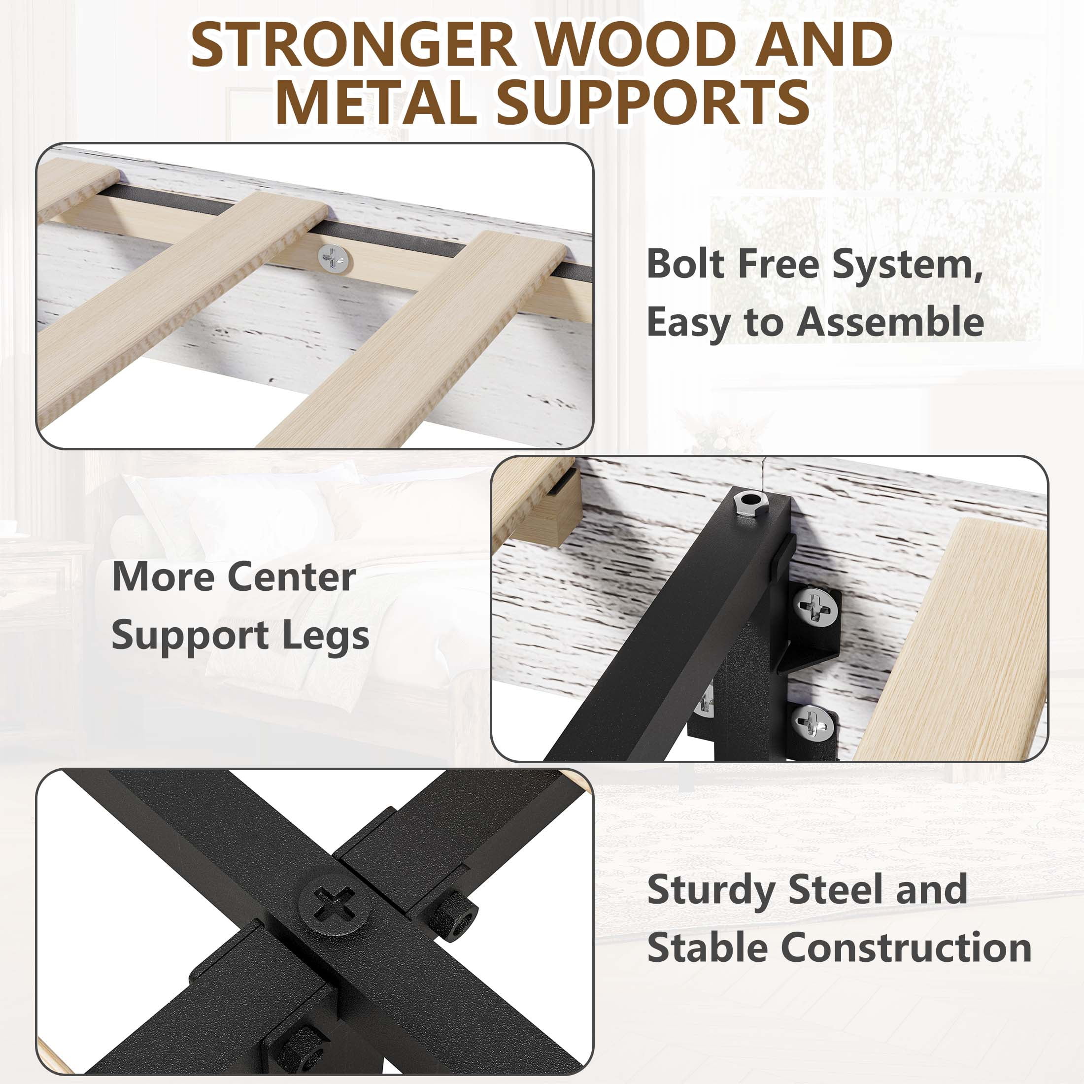 Full Bed Frame with LED Storage Headboard and Charging Station, UHOMEPRO Wood Full Bed Frame with Strong Support and RGB Lights, Modern Farmhouse Bedroom Furniture, No Box Spring Needed, White - Image 8