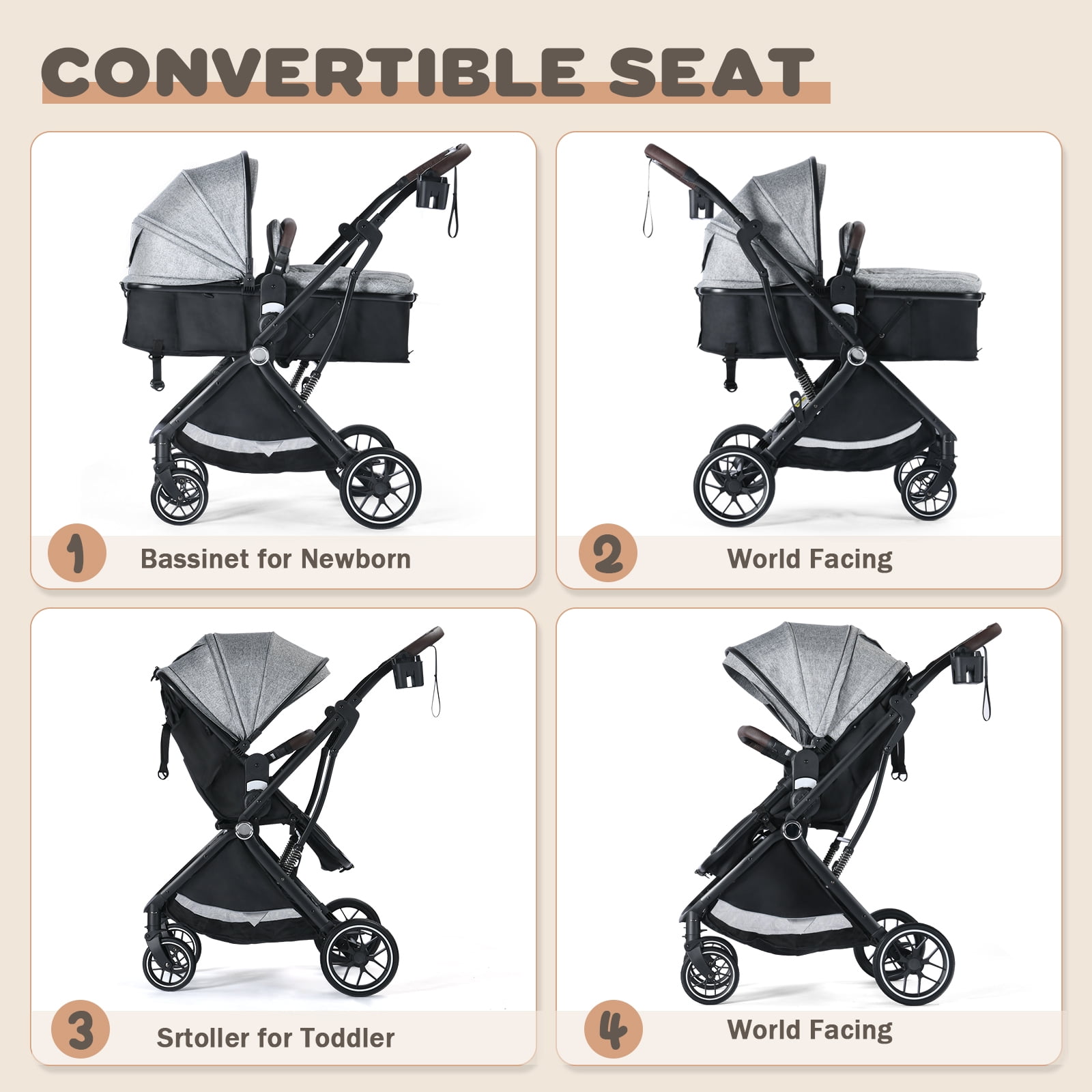 AILEEKISS Baby Stroller, 3 in 1 Stroller for Newborn, Folding Infant Pushchair, 22LB, Grey - Image 5