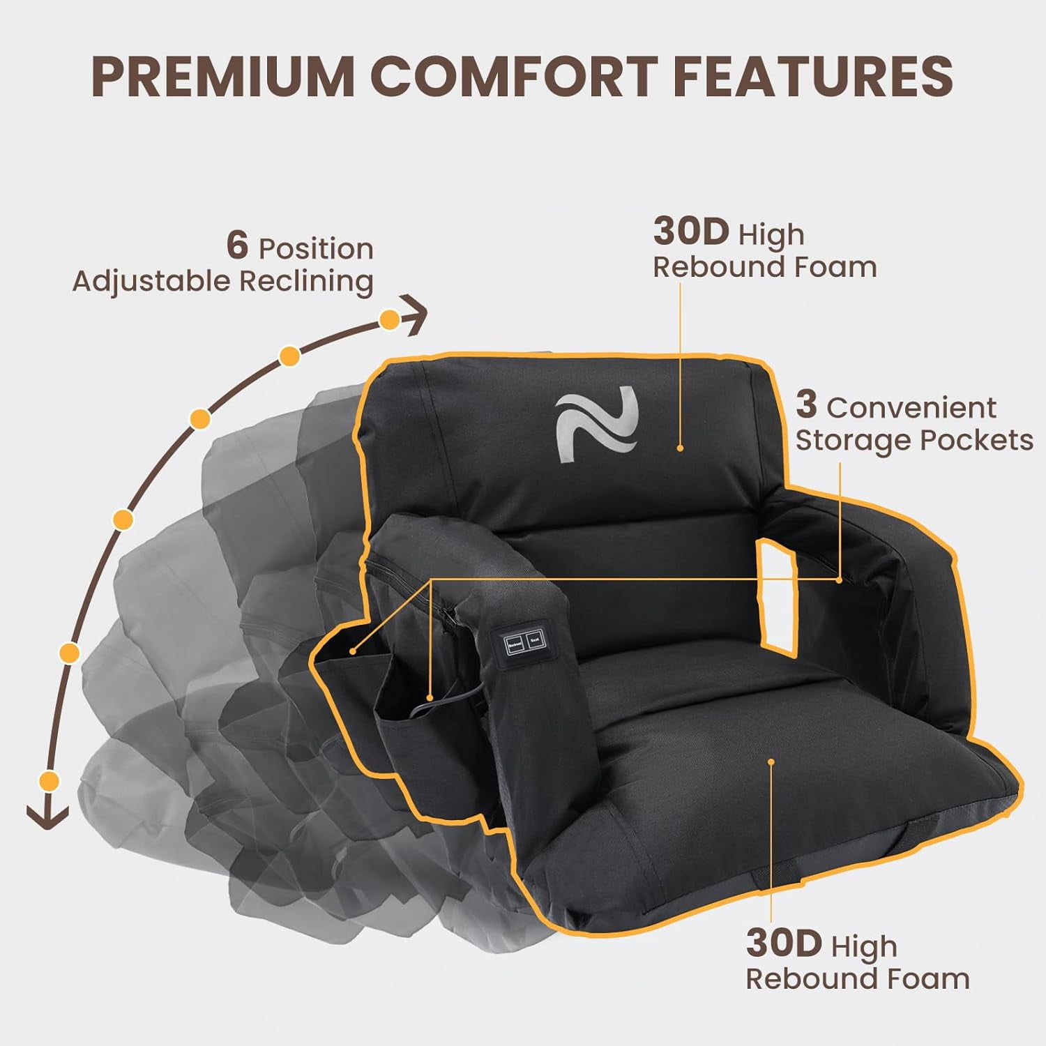 ABORON 21" Wide Heated Stadium Seat with Back Support - 5.12" Thick Bleacher Chair Cushion, 3 Heat Settings, 6 Reclining Positions, Waterproof & Portable - for Sports Games, Camping, Outdoor Events - Image 7