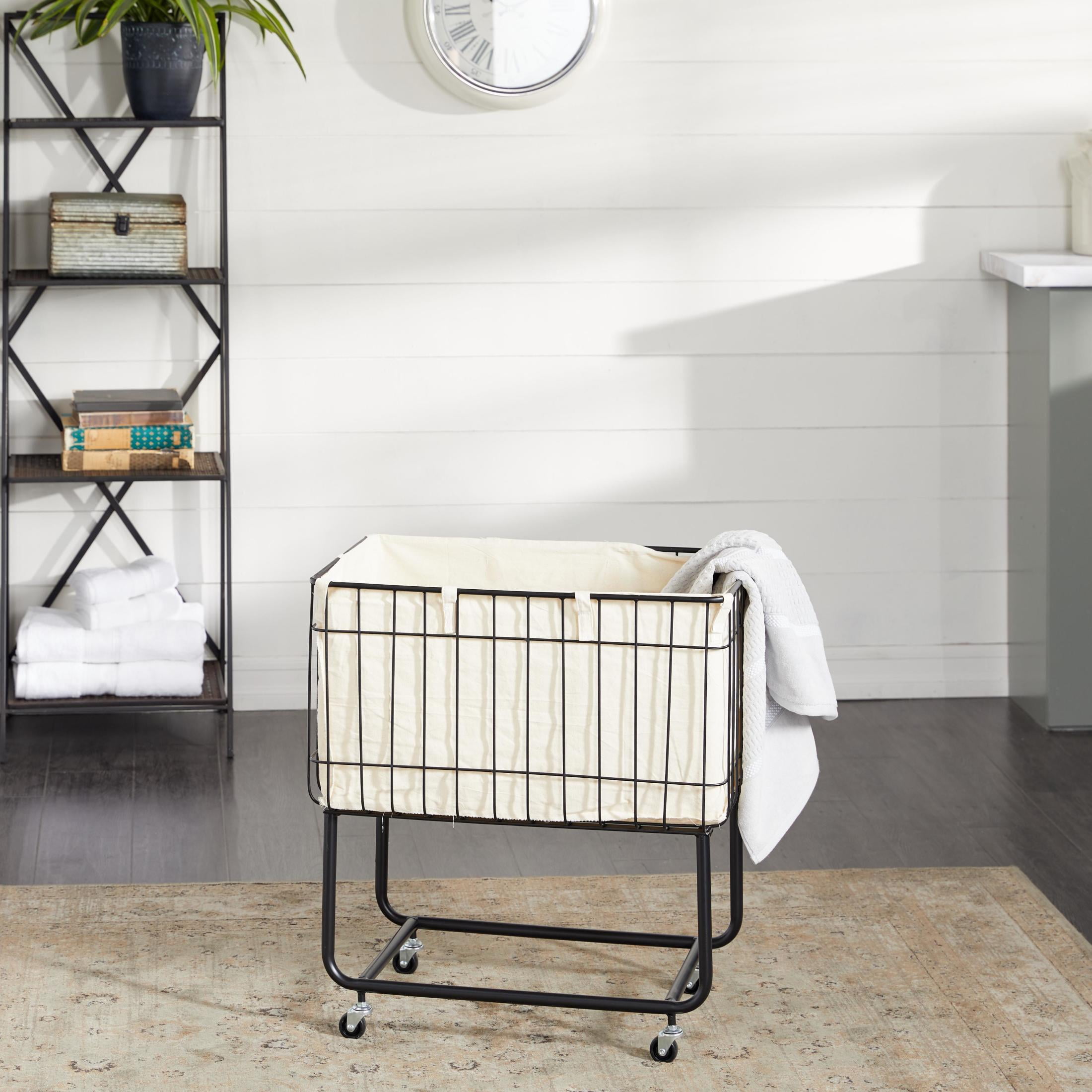 DecMode Black Metal Deep Set Wire Basket Storage Cart with Wheels and Fabric Lining - Image 6
