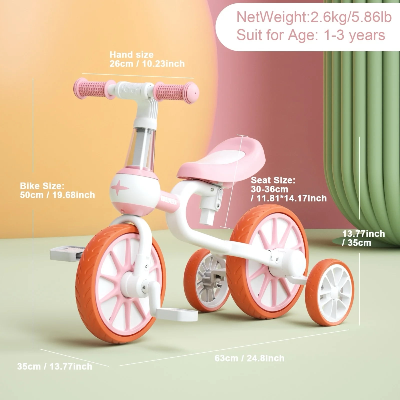 KORIMEFA 3-in-1 Kids Tricycle, Toddler Bike for Ages 1-4 Boy Girl, Pink - Image 3