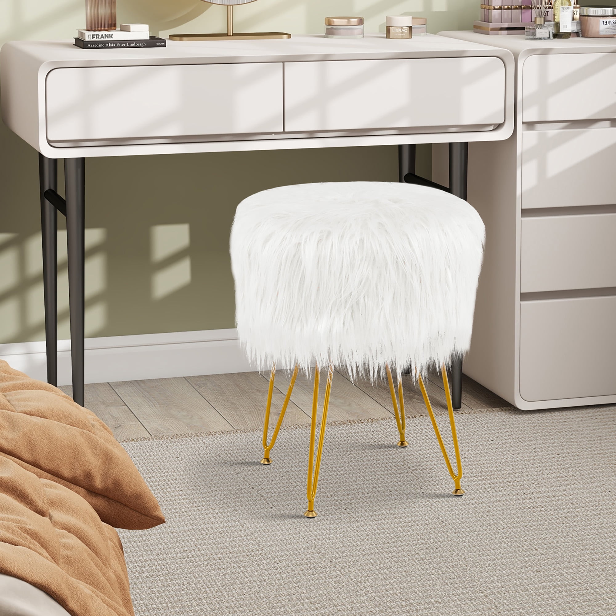 Gymax Vanity Chair Makeup Stool Furry Padded Seat Round Ottoman White - Image 6