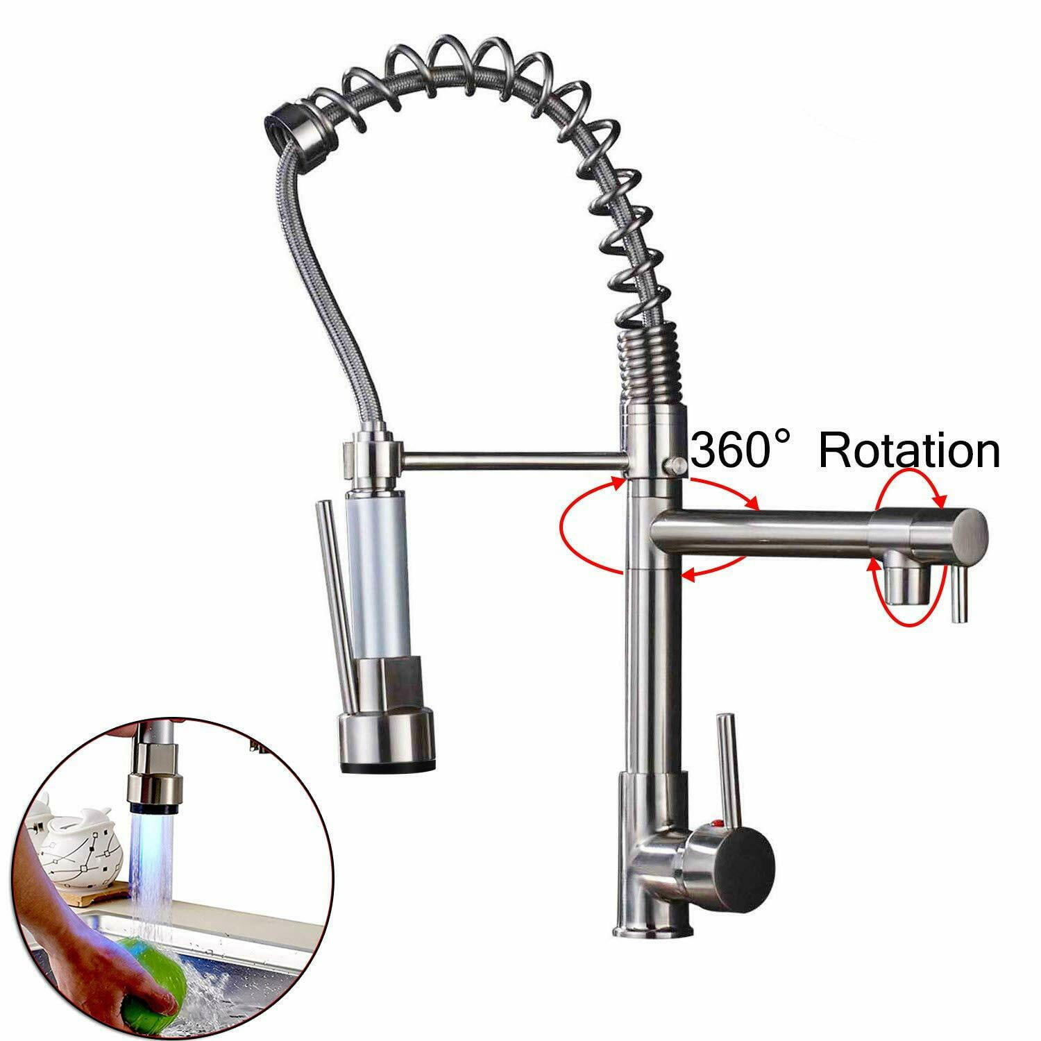Zovajonia Brushed Nickel LED Pull Down Sprayer Kitchen Sink Faucet Swivel Spout Mixer Tap - Image 3