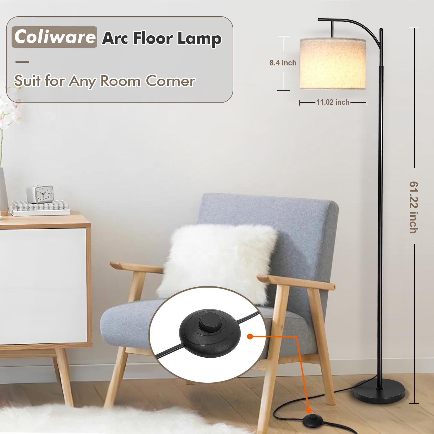 Coliware Arc Floor Lamp with 3 Color Temperatures Bulb, Modern Arched Standing Lamp with Foot Switch & Dimmable Bulb, Tall Pole Floor Lamp for Living Room Bedroom Office - Image 5