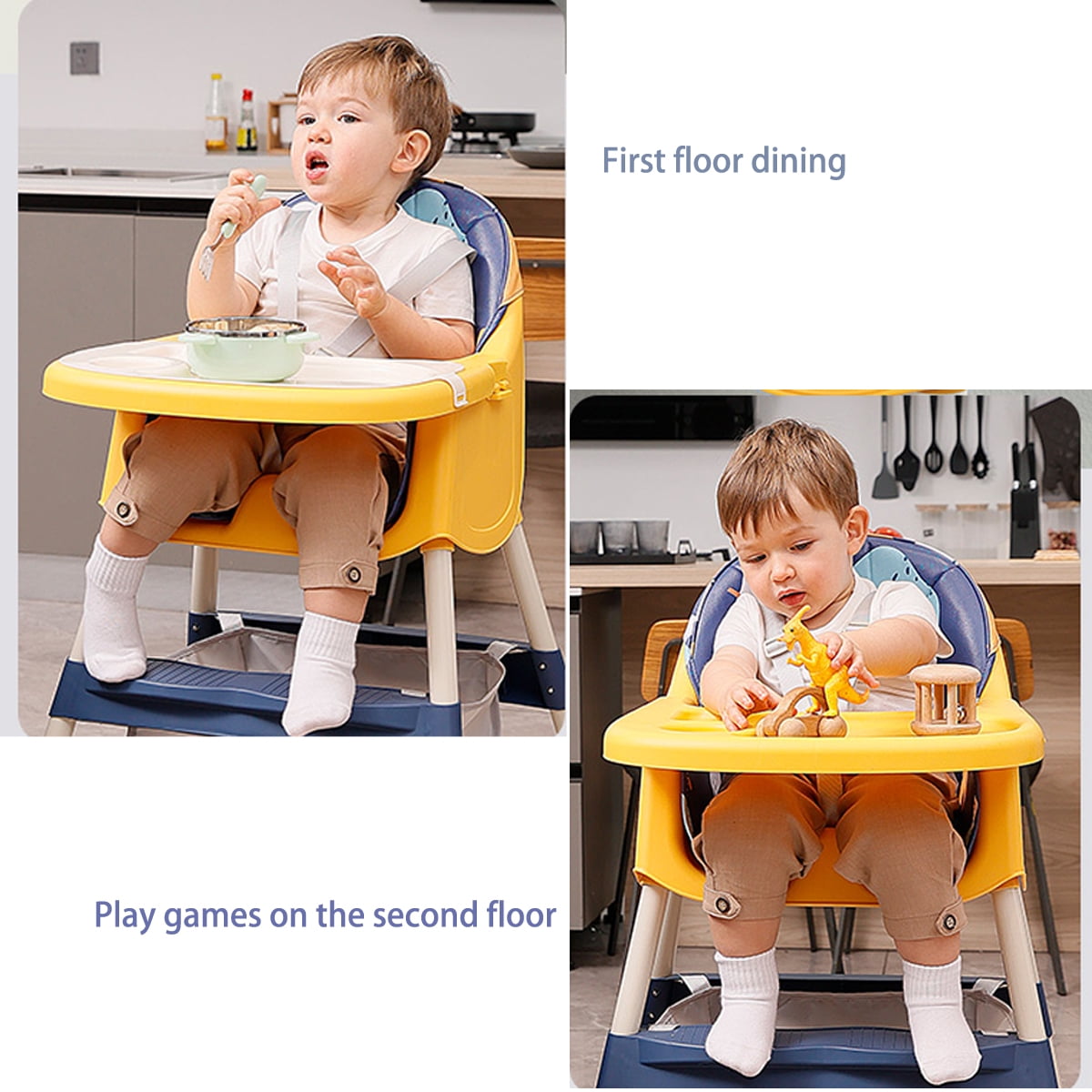 PUEDO 4-in-1 Baby High Chair Portable Toddler Dining Chairs Eat & Play Convertible Highchair with Adjustable Tray, Yellow & Blue - Image 9
