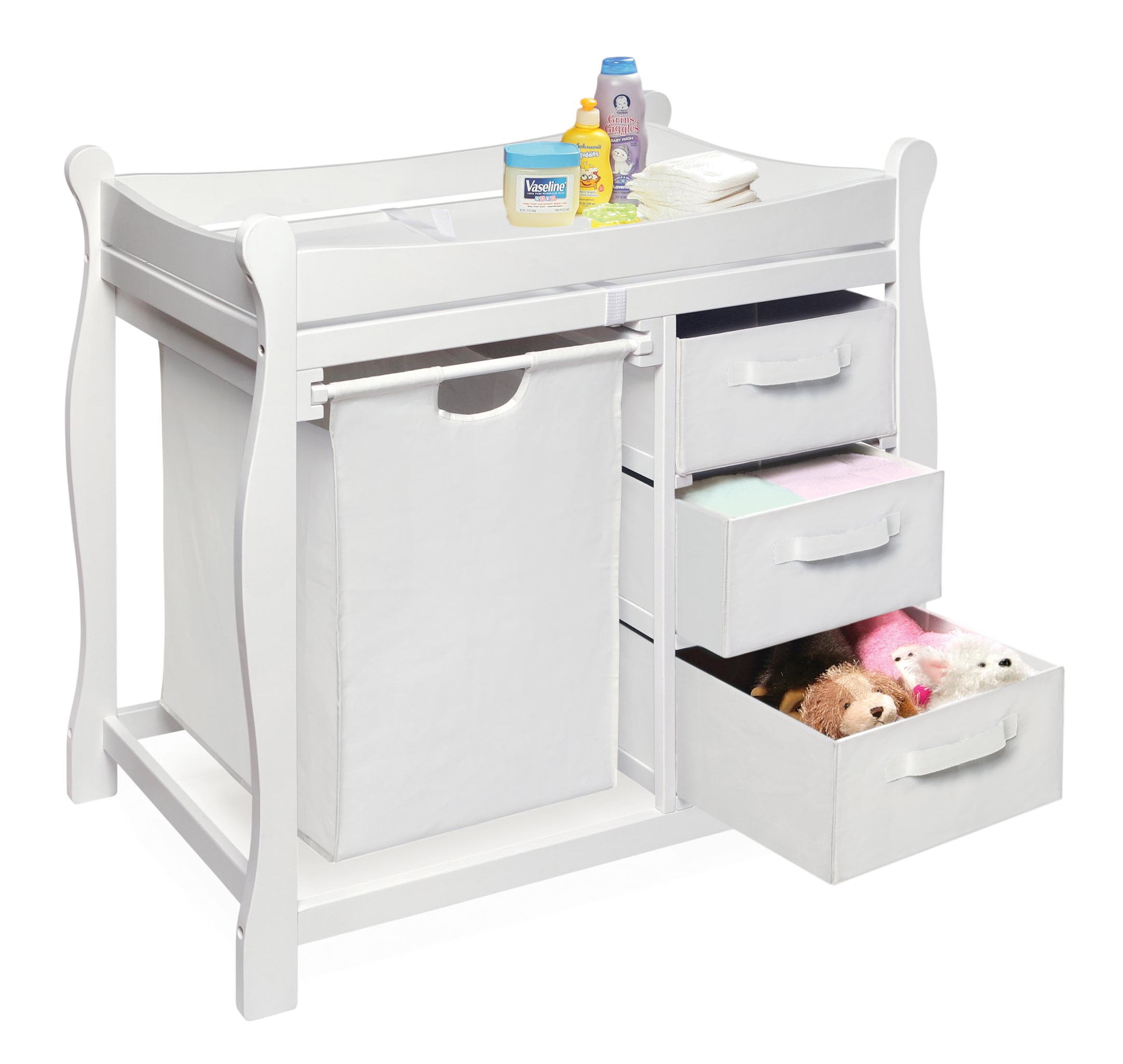 Badger Basket Sleigh Style 3 Drawers Diaper Changing Table with Hamper and Baskets, White - Image 2