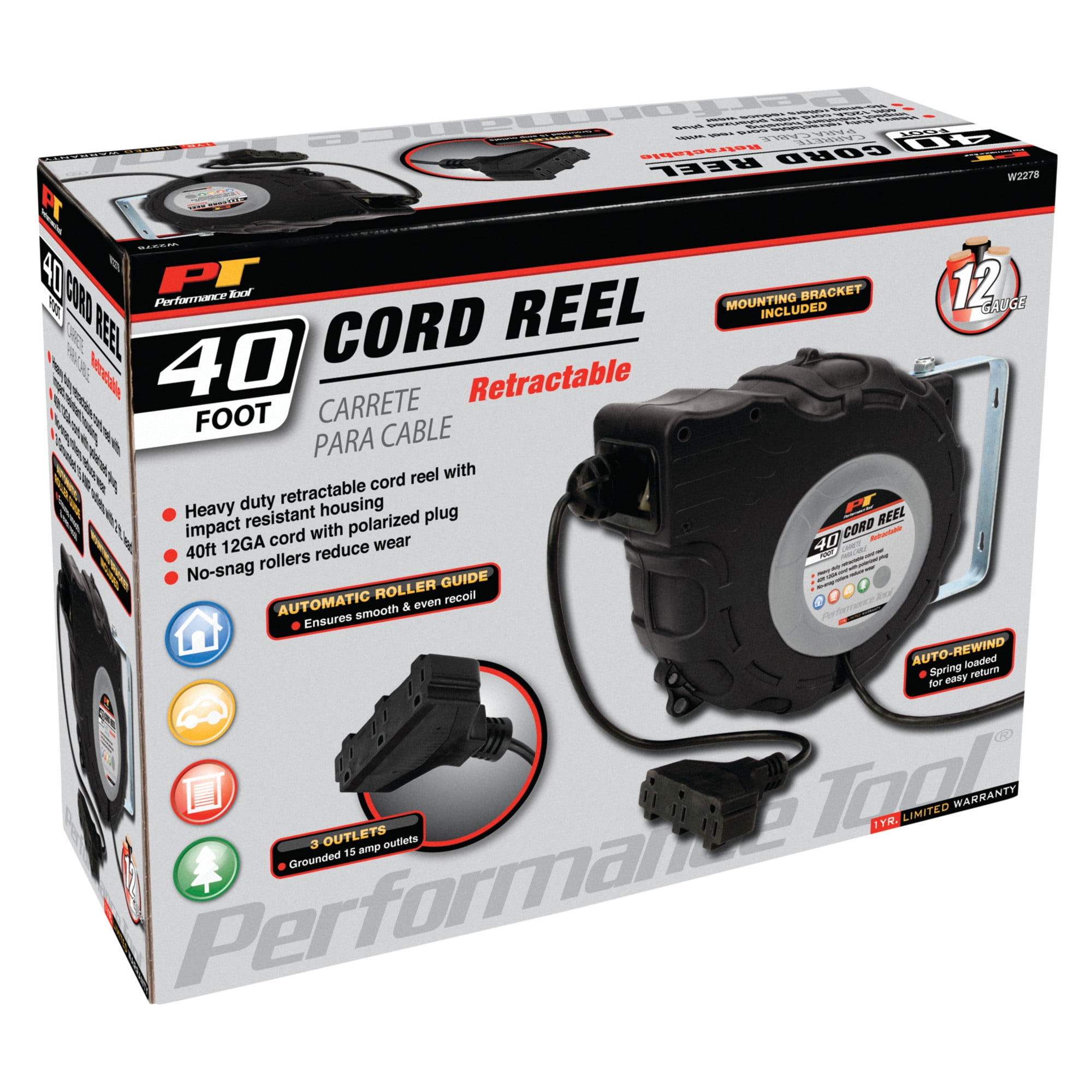 Performance Tool W2278 40ft 12-Gauge Retractable Power Cord Reel with Spring Loaded Auto-Rewind - Image 6