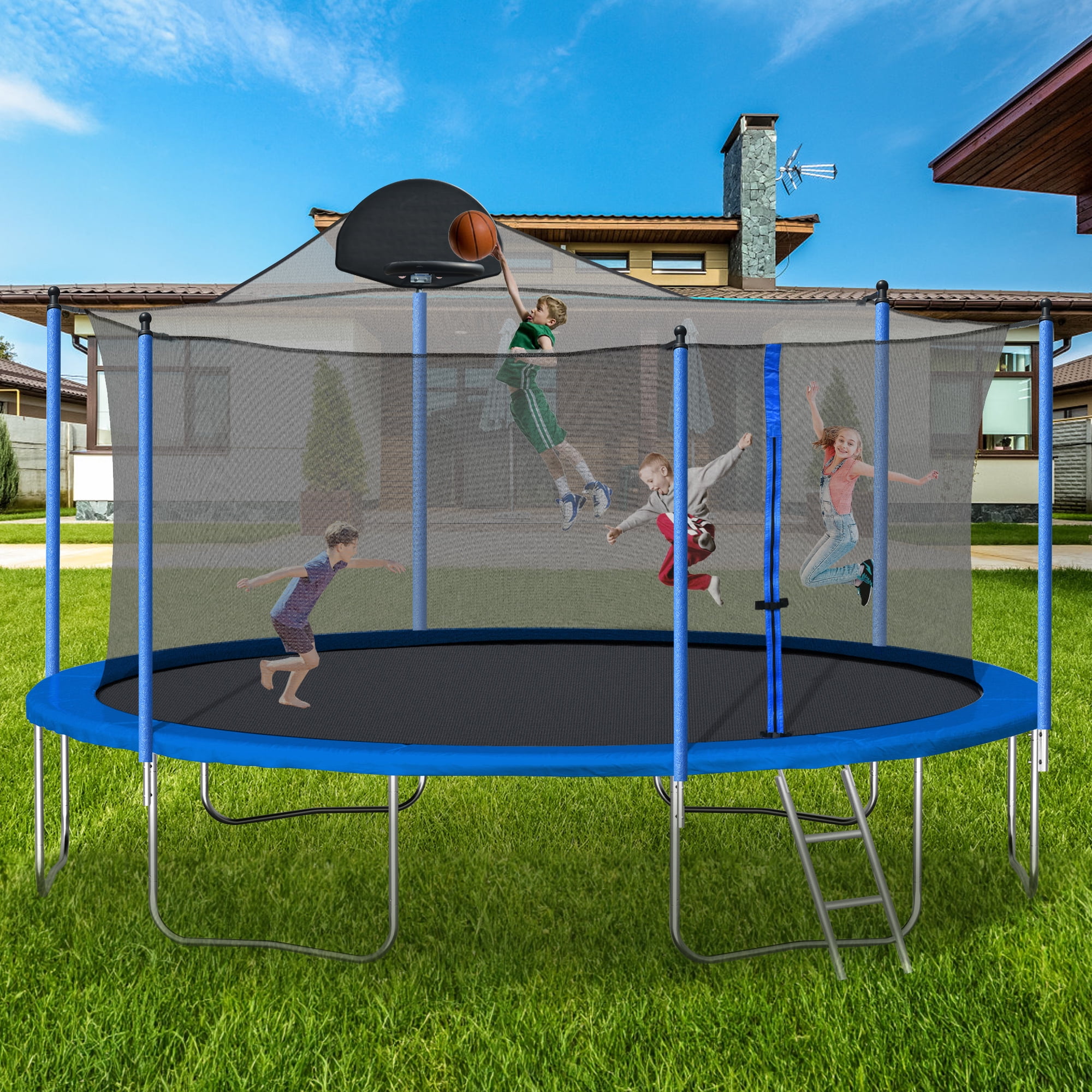 Aukfa 14FT Trampoline with Enclosure Net for Kids Adults, Outdoor Trampoline with Basketball Hoop for Backyard, Blue - Image 4
