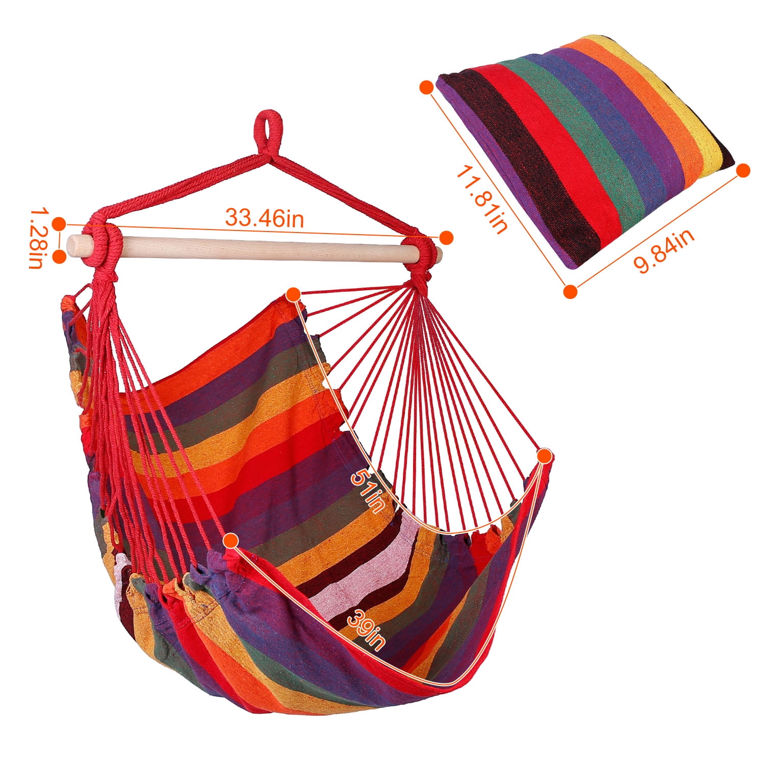 iMountek Hanging Chair Canvas Porch Patio Swing Seat, Portable Camping Rope Seat Wooden Stick Hammock Chair, Red - Image 2