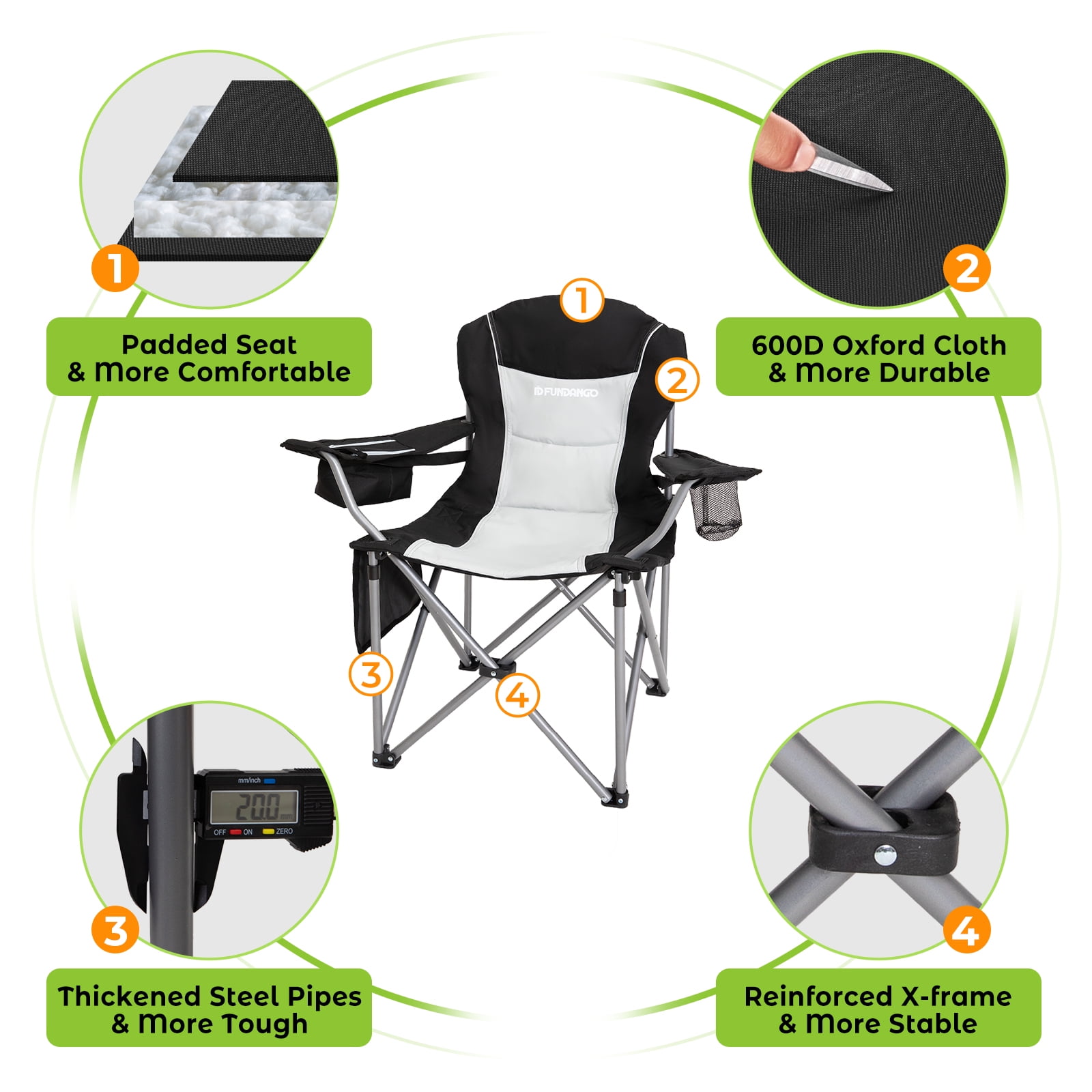 FUNDANGO Oversized Camping Chair Heavy Duty Padded Lawn Chairs with Cooler Bag for Outdoor Fishing Sports - Image 7