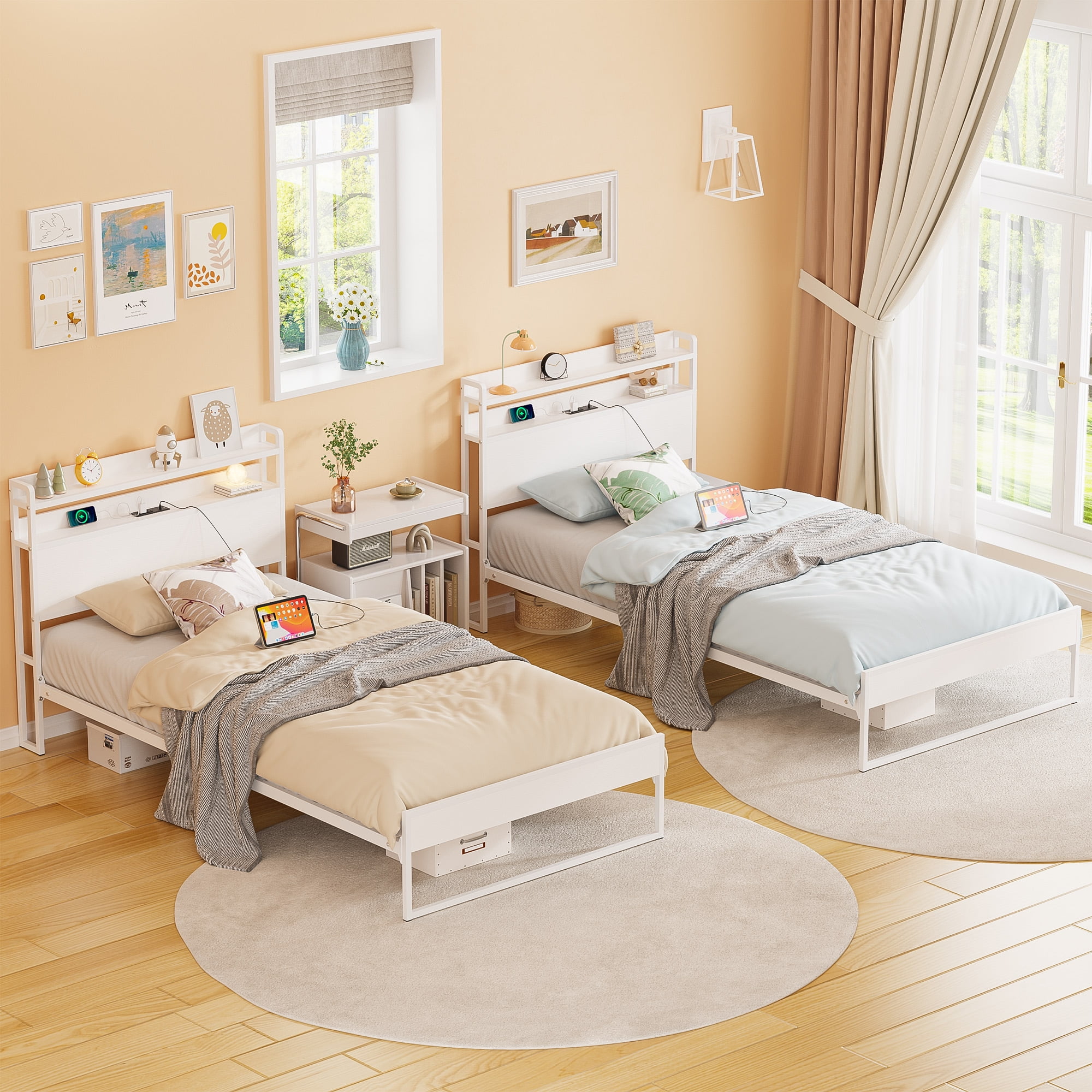 Yoneston Power Outlet Twin Metal Platform Bed Frame with 2-Tier Storage Charging Station Headboard for Kids Bedroom Furniture, White - Image 4