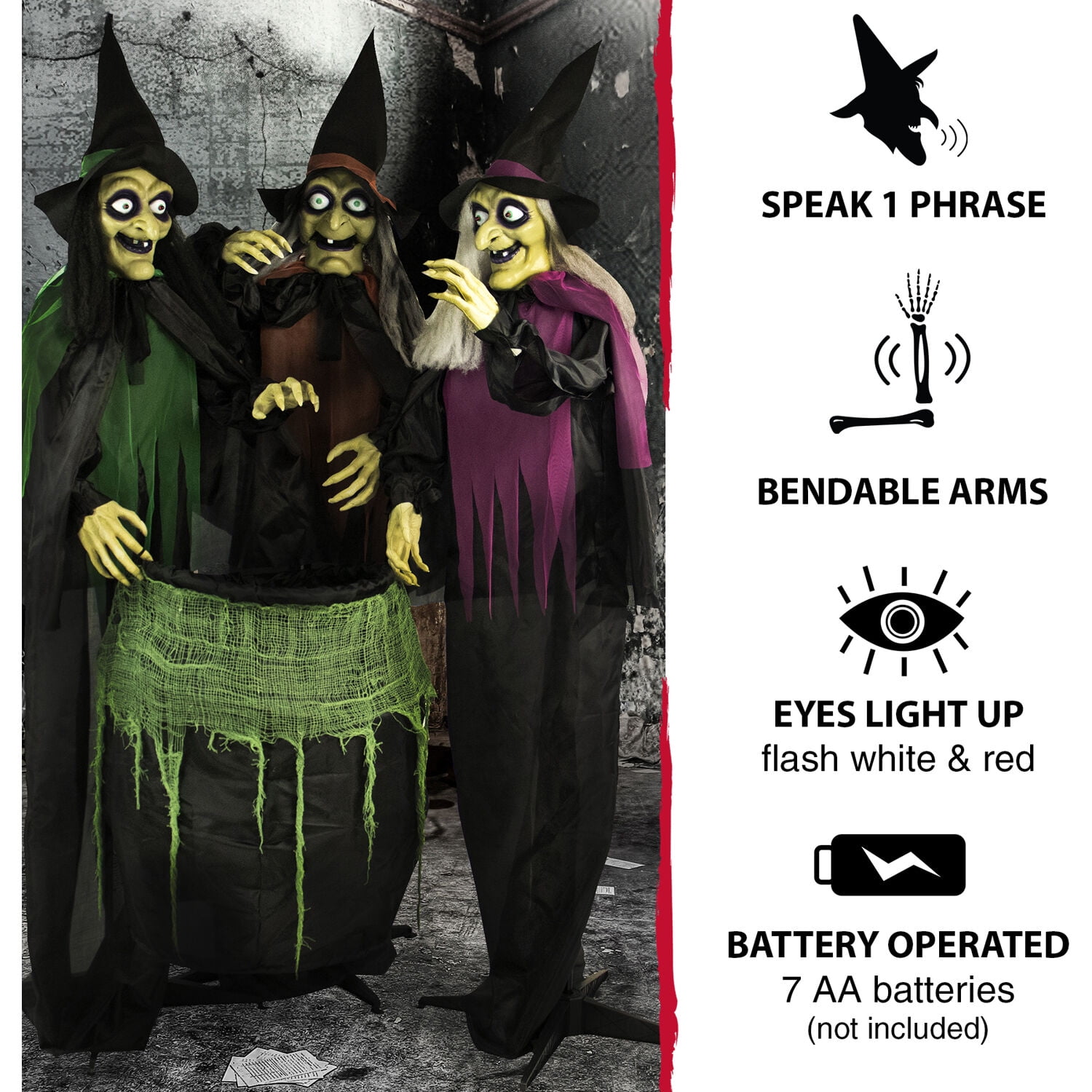 Haunted Hill Farm 5.7 ft Animatronic 3 Witches with Cauldron, Indoor/Covered Outdoor Halloween Decoration with Light-up Eyes, HHWITCH-15FLS - Image 3