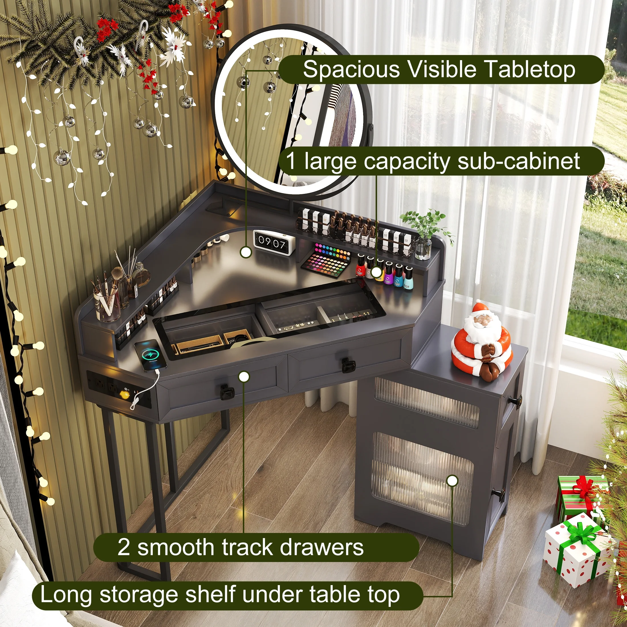 Aukfa Corner Vanity Desk with Mirror, LED Lights, Drawers & Outlet, Vanity Table for Girls, Gray - Image 3