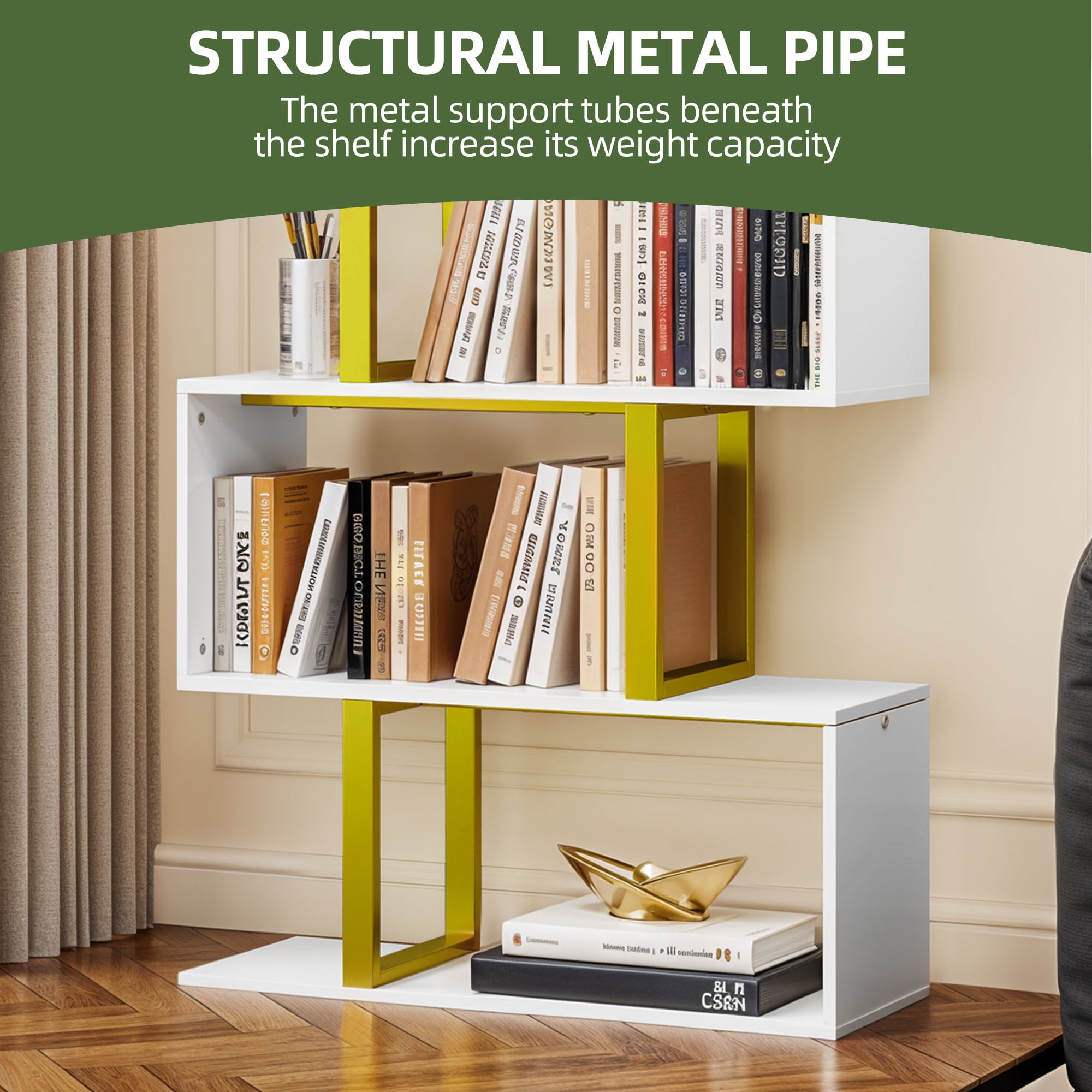 Dextrus 5-Tier S-Shape Bookshelf, Modern Wood & Metal Bookcase for Living Room, Bedroom, Home Office – Gold - Image 4