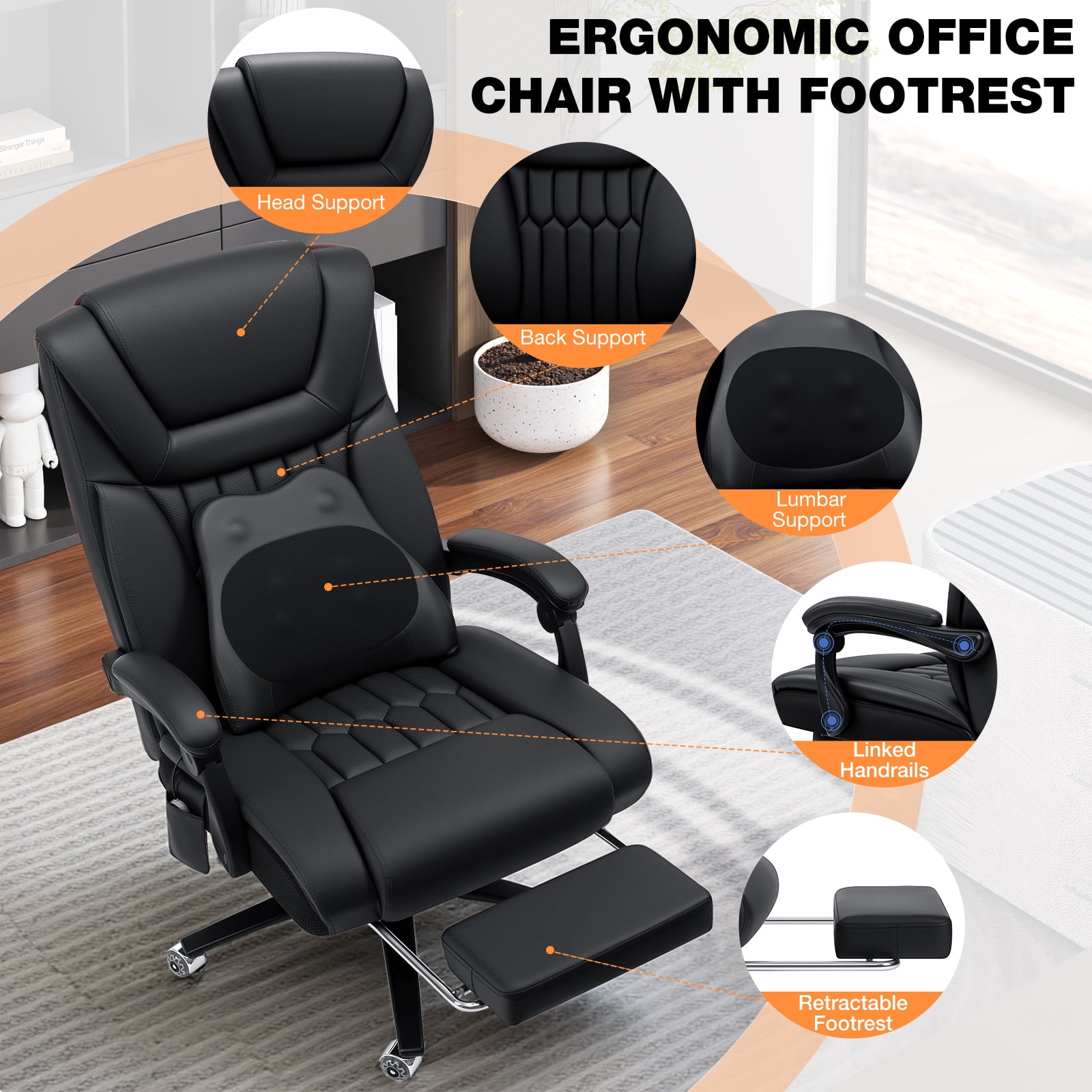 Hoffree Big and Tall Office Chair, 500lbs Reclining Executive Desk Chair with Heated Massage Backrest, Extra Wide Seat Leather Ergonomic Computer Desk Chair for Home Office, Black - Image 7