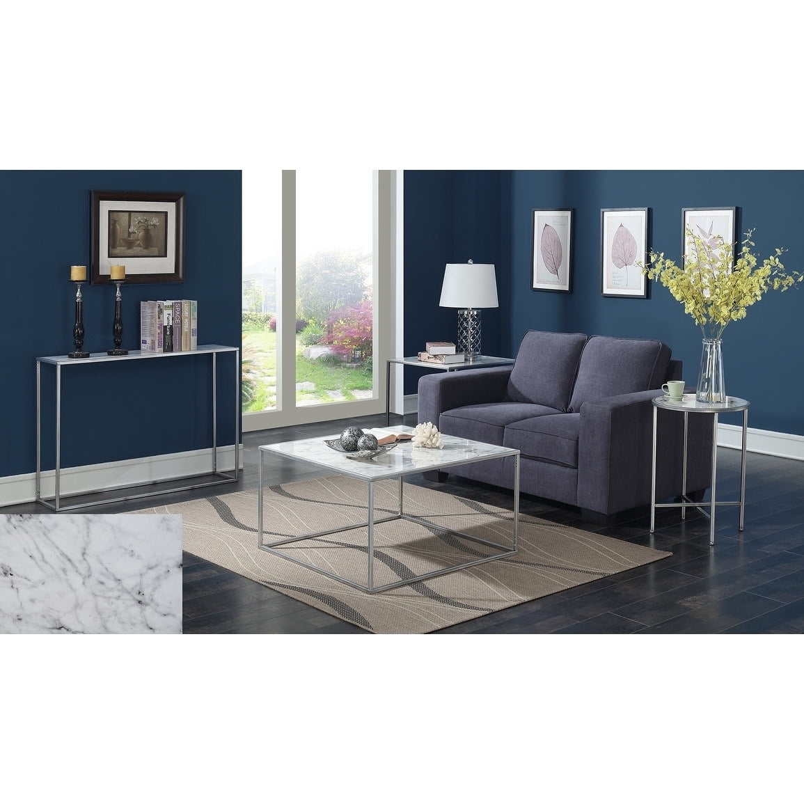 Convenience Concepts Gold Coast Faux Marble Round End Table, White Faux Marble/Silver - Image 6