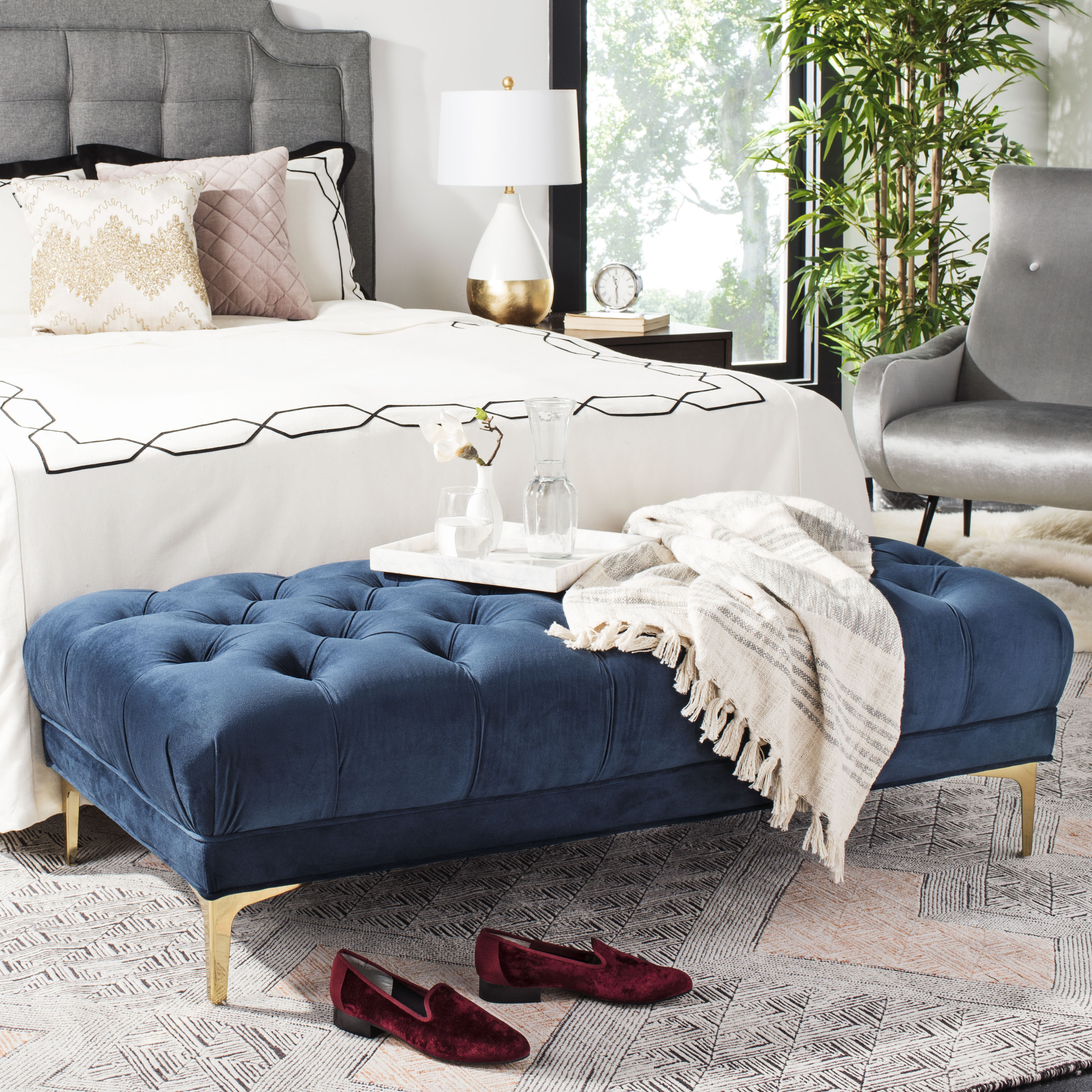 SAFAVIEH Zarya Modern Glam Rectangular Tufted Bench, Navy/Brass - Image 9