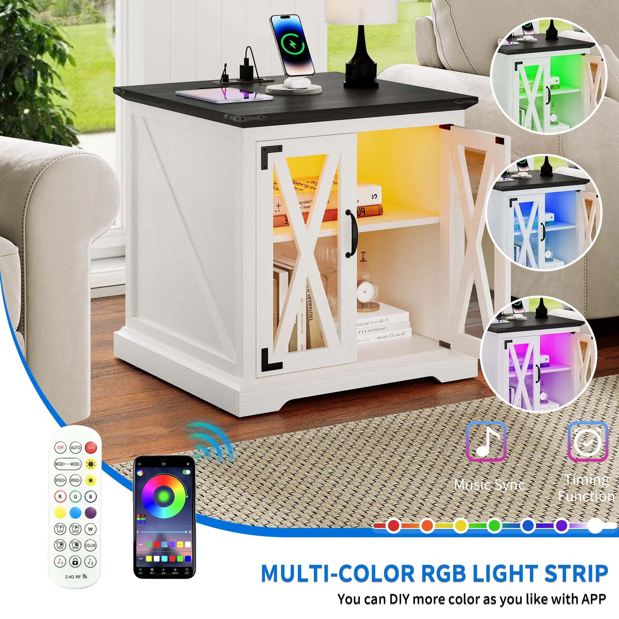 Dextrus Farmhouse End Table with Charging Station and LED Lights, Side Table with 2 Door & Storage Shelf Nightstand for Living Room Bedroom - White - Image 3