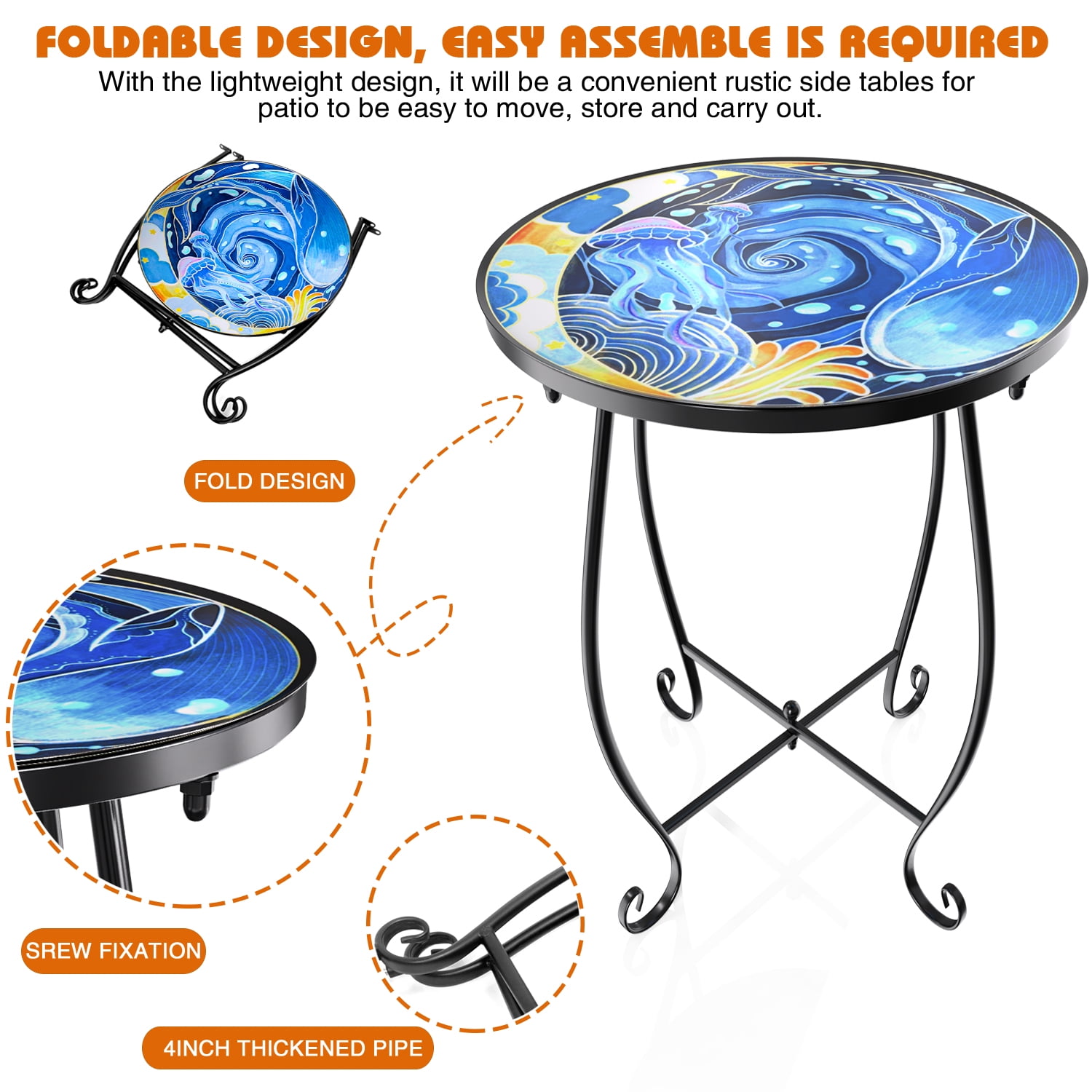 Rekopi 2 Pack Outdoor Mosaic Side Table, 17 Inch High Small Patio Outdoor Table, Indoor Folding Round Side Table for Bistro Balcony Garden - Image 6