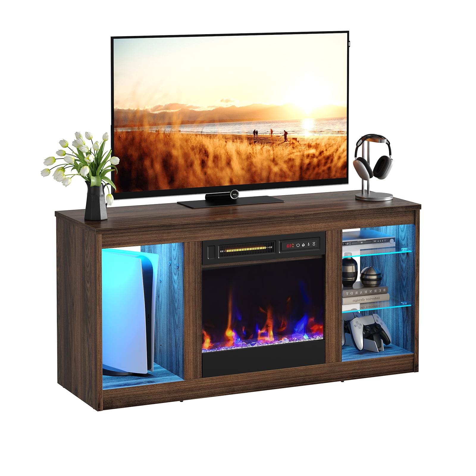 Bestier Modern Electric Fireplace TV Stand for TVs up to 55", with LED and Glass Shelves, Walnut - Image 2