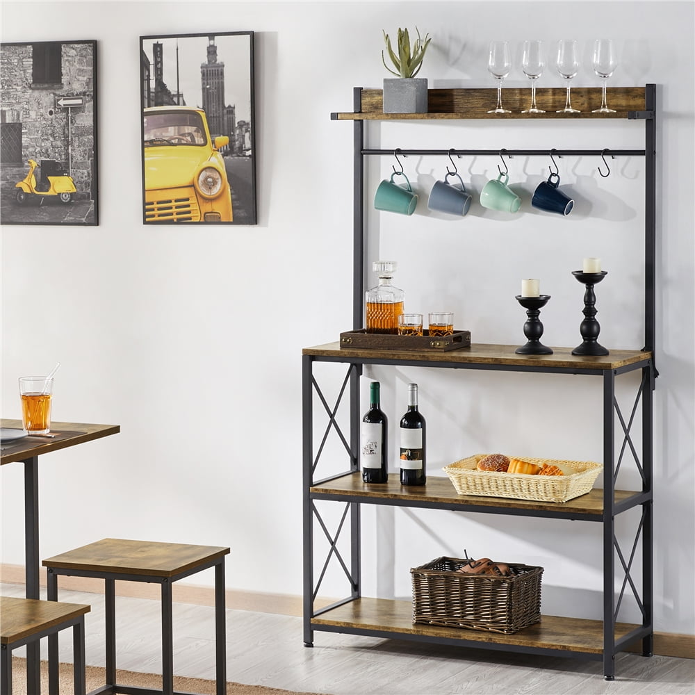 Alden Design 4-Tier Bakers Rack Kitchen Storage Shelf with S-Hooks, Rustic Brown - Image 3