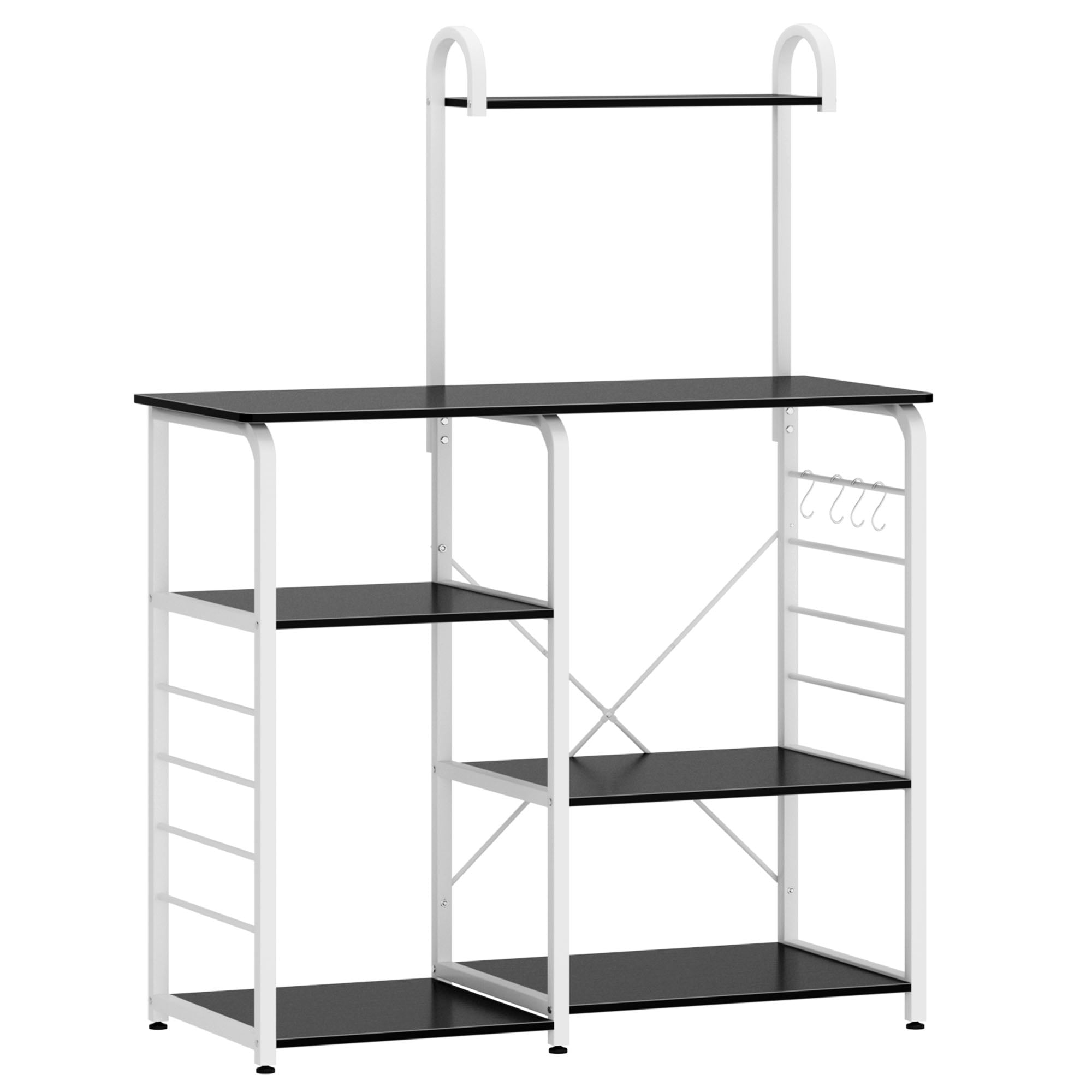 SOGES 4-Tier Kitchen Baker's Rack Utility Microwave Stand with 5 Hooks, Metal Storage Shelves, Black Walnut - Image 6